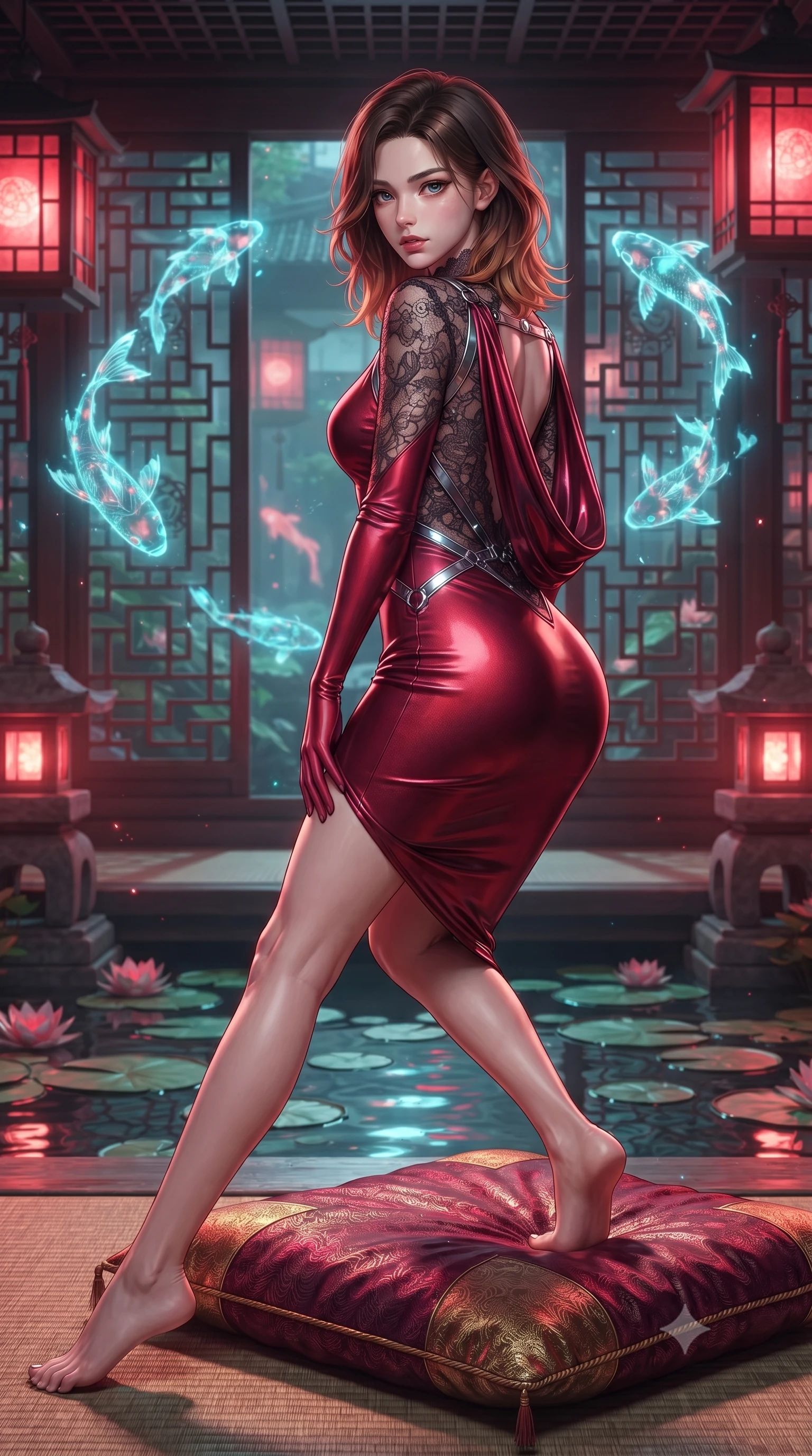 score_9, masterpiece, best quality, ultra-detailed, high-budget anime keyframe, editorial fashion photography, tasteful artistic composition, Korean woman. low angle full-body shot from head to toe showing her feet, filling the entire 9:16 vertical frame with her statuesque presence, stretching her vertical silhouette. pivoting dynamically in mid-motion with a breathtakingly alluring posture, displaying her flawless model proportions and ultra-slim waist while resting on a low silk cushion in a cyber-fusion pavilion with an alluring, direct stare. The surrounding environment is rendered in vivid detail and crisp panoramic clarity. intricate wooden lattice patterns, floating water lily pads, and stone lanterns in crisp clarity. She has an absolutely perfect, statuesque 8.5-heads proportion, an exceptionally tall and slender model-like female figure with impossibly long slender legs and an ultra-slim waist. sharp v-shaped jawline, high-bridge nose, intricate jewel-like eyes with depth, thick eyelashes, glossy lips with a natural sheen, flawlessly proportioned anatomical accuracy, natural body alignment, perfectly sculpted elegant limbs, clean dynamic posture without body distortion. wearing a precision-fitted liquid jersey bodycon dress with a dramatic draped cowl back that swoops down to her waist in deep ruby red and polished chrome accents, crafted from delicate dark lace interwoven with luminescent micro-fibers, reinforced by a sleek metallic chrome harness and delicate glowing micro-straps, the glove-like fit tightly following every curve of her statuesque athletic build. bathed in warm crimson lantern glow and cool cyan holographic koi refractions. ultra-reflective glossy finish, specular highlights, metallic sheen, high-contrast stereoscopic depth, volumetric dynamic lighting, 2k, ultra detail, master piece, 9:16 ratio