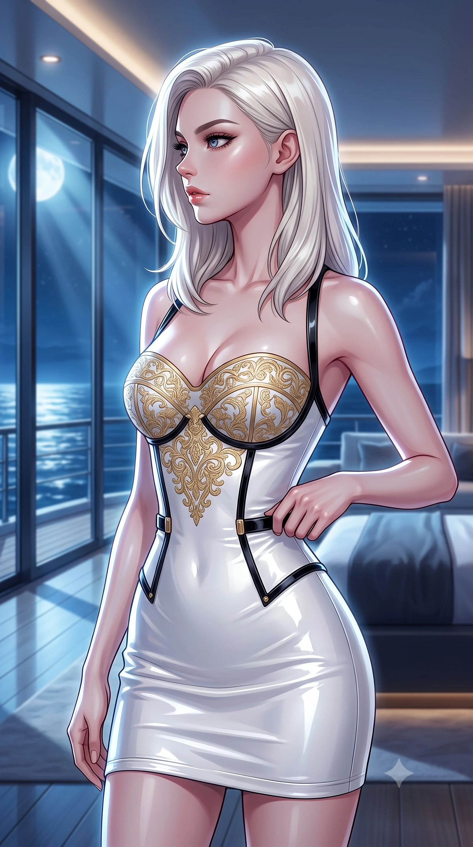 score_9, masterpiece, best quality, ultra-detailed, high-budget anime keyframe, editorial fashion photography, tasteful artistic composition, Caucasian woman. close-up cowboy shot from the waist and thighs up, the character dominates the composition, filling the frame with her large presence, background elements kept in soft focus. Turning her face in sharp dramatic profile against the key light, standing in the master suite of a private superyacht with panoramic ocean views, cold silver moonbeams penetrating glass windows and casting sharp metallic reflections. She has an exceptionally elegant, slender, and willowy female figure with an ultra-slim waist, a gracefully sculpted slender torso, and a refined silhouette. sharp v-shaped jawline, high-bridge nose, intricate jewel-like eyes with depth, thick eyelashes, glossy lips with a natural sheen. wearing modern fusion white hanbok dress with structured gold-embroidered bodice in pearl white, made of high-gloss liquid vinyl, adorned with minimalist black onyx hardware framing the silhouette, accentuating her gracefully sculpted slender torso. surrounded by an airy sea-breeze ambiance with bright silver rim lights. highly saturated vibrant anime colors, detailed shading with soft gradients, rich glossy textures, high-contrast stereoscopic depth, volumetric dynamic lighting, master piece, 9:16 ratio