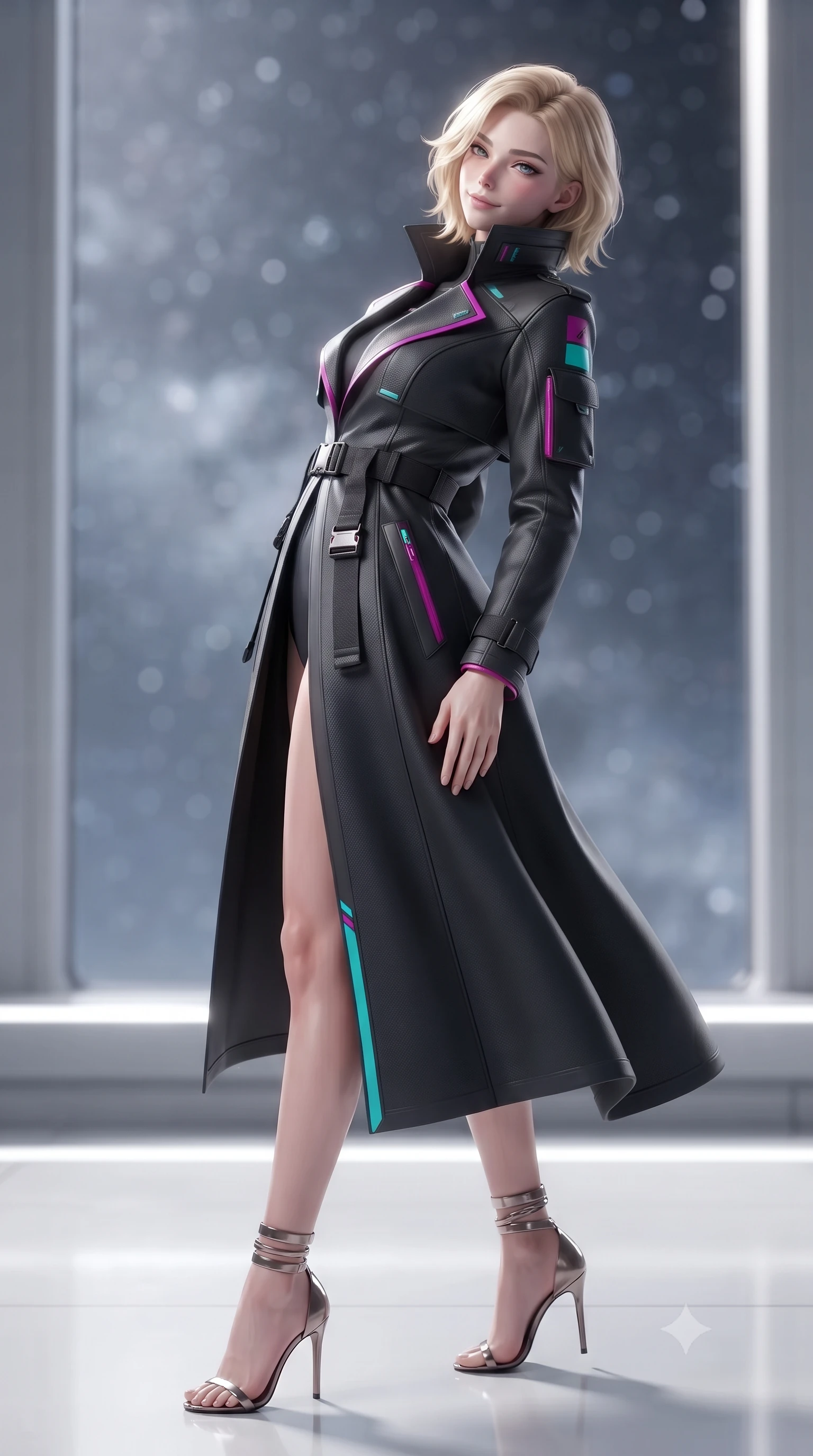 score_9, masterpiece, best quality, ultra-detailed, high-budget anime keyframe, editorial fashion photography, tasteful artistic composition, Caucasian woman. close-up cowboy shot from the waist and thighs up, the character dominates the composition, filling the frame with her large presence. tilting her head with a teasing half-smile, running one hand slowly down the side of her hip in a flirtatious S-curve as ambient light caresses her silhouette while standing poised on the polished white polymer floor before the floor-to-ceiling starlight observation window, arching her back with aristocratic supermodel elegance. The background shows a soft-focus ambient starlight particulate glow softened in orbital officer sanctuary shallow focus. She has an exceptionally elegant, slender, and willowy female figure with an ultra-slim waist, flat toned midriff, narrow ribcage, and sculpted feminine hips creating an alluring, slim hourglass silhouette without bulk. sharp v-shaped jawline, high-bridge nose, intricate jewel-like sparkling eyes with depth, thick eyelashes, glossy parted lips with a natural peach sheen, bright cheerful beaming smile with an enchanting and coquettish sensual glint, exuding both youthful cute charm and seductive allure, flawlessly proportioned anatomical accuracy, strict slender model proportions, natural body alignment, perfectly sculpted long slender limbs, ultra-slim waistline, clean dynamic posture without body distortion. wearing a bespoke tactical commander trench coat in matte carbon-weave with magnetic utility buckles, storm flaps, and high standing collar in Kowloon neon magenta and electric teal, woven from structured carbon-fiber jacquard with rich textural depth, complemented by strappy stiletto sandals with metallic ankle wraps accentuating her slender calves, the impeccably tailored cut draping gracefully along her slender figure with aristocratic poise. illuminated by white polymer floor reflection bounce and sharp platinum rim lights sculpting her jawline, narrow waist, and curvy hips. ultra-reflective glossy finish, specular highlights, rich textural contrasts, high-contrast stereoscopic depth, volumetric dynamic lighting, 2k, ultra detail, master piece, 9:16 ratio