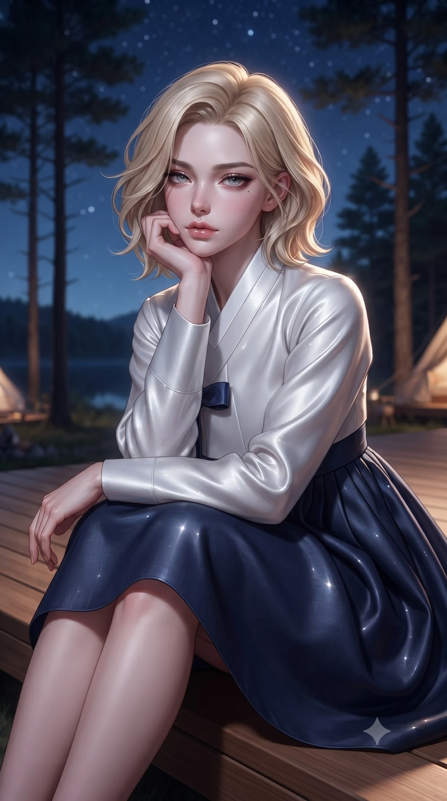 score_9, masterpiece, best quality, ultra-detailed, high-budget anime keyframe, editorial fashion photography, tasteful artistic composition, Caucasian woman. close-up cowboy shot from the waist and thighs up, the character dominates the composition, filling the frame with her large presence, background elements kept in soft focus. resting her chin on the backs of her fingers, casting a heavy-lidded, sultry look past the camera the background shows a soft-focus a wooden deck of a lakeside glamping site under a starry night sky and tall trees. She has an exceptionally elegant, slender, and willowy female figure with an ultra-slim waist, a gracefully sculpted slender torso, and a refined silhouette. sharp v-shaped jawline, high-bridge nose, intricate jewel-like eyes with depth, thick eyelashes, glossy lips with a natural sheen. wearing a tailored modern fusion hanbok dress with a navy blue linen skirt and a high-neck white silk jeogori wrapper. soft silver moonlight wrapping her silhouette in a cool cosmic glow. ultra-reflective glossy finish, specular highlights, metallic sheen, high-contrast stereoscopic depth, volumetric dynamic lighting, 2k, ultra detail, master piece, 9:16 ratio
