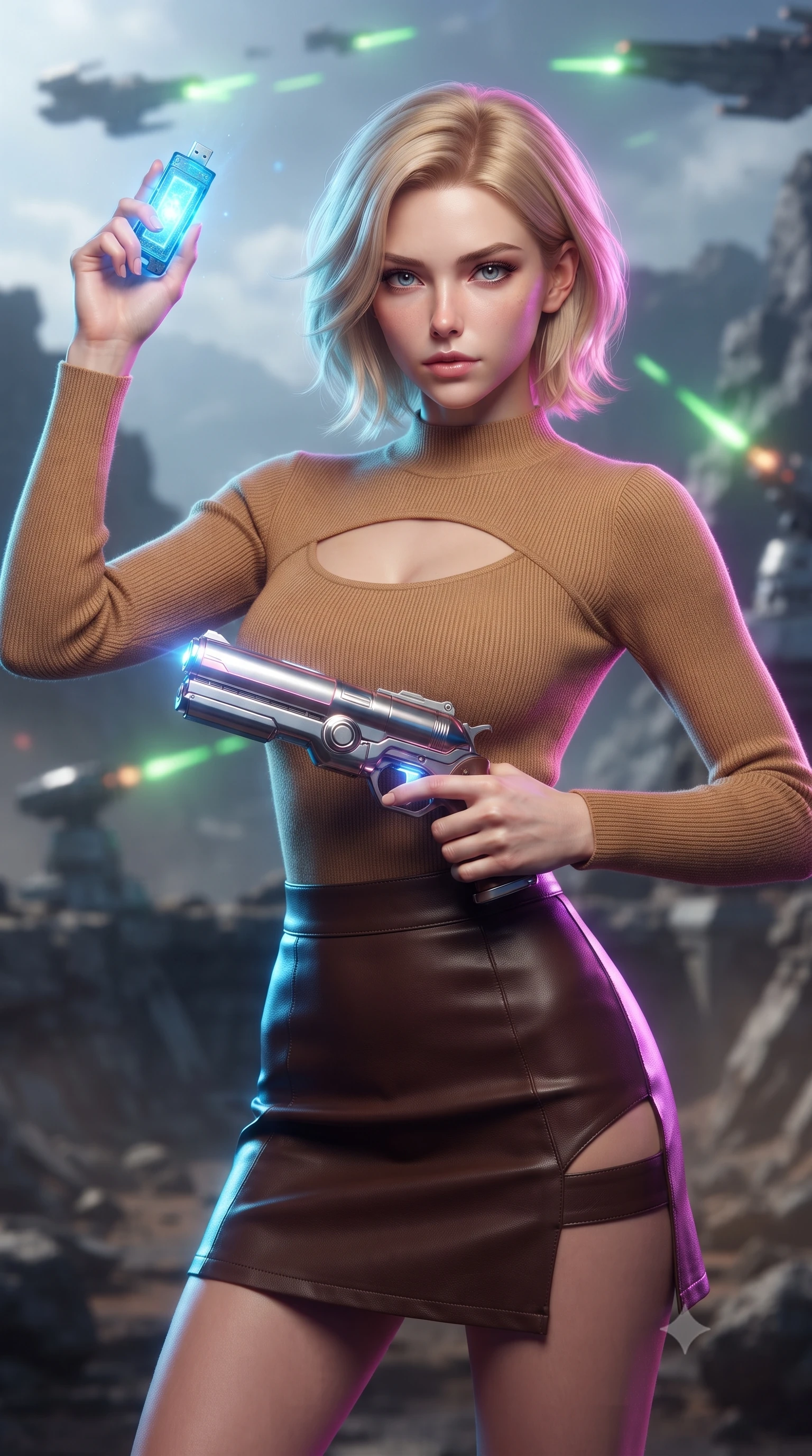 score_9, masterpiece, best quality, ultra-detailed, high-budget anime keyframe, editorial fashion photography, tasteful artistic composition, realistic cosplay photography, Caucasian woman, strictly human ears. close-up cowboy shot from the waist and thighs up, the character dominates the composition, filling the frame with her large presence, background elements kept in soft focus. Holding a glowing data drive aloft while reloading a futuristic plasma pistol, ready for the next wave. set against a soft-focus background of a trench on an asteroid fortress, defensive laser turrets firing green bolts at attacking ships in the sky. She has an exceptionally elegant and slender, willowy female figure with an ultra-slim waist, a gracefully sculpted slender torso, and a refined slim physique. sharp v-shaped jawline, high-bridge nose, intricate jewel-like eyes with depth, thick eyelashes, glossy lips with a natural sheen. wearing tailored for maximum mobility, sleek form-contouring panels that allow fluid movement, a tailored camel-colored knit top with a keyhole chest cutout, paired with a brown leather mini skirt featuring a side cutout. brilliant cinematic volumetric lighting with intense neon rim light outlining her form. ultra-reflective glossy finish, specular highlights, metallic sheen, high-contrast stereoscopic depth, volumetric dynamic lighting, 2k, ultra detail, master piece, 9:16 ratio