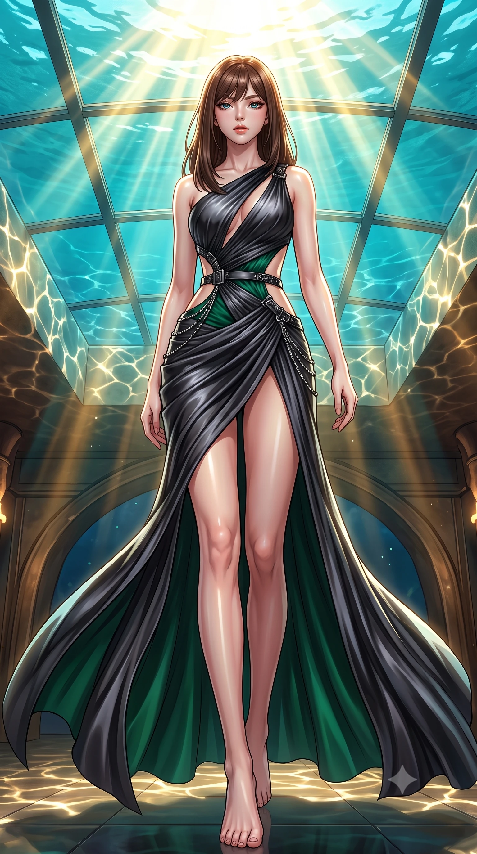 score_9, masterpiece, best quality, ultra-detailed, high-budget anime keyframe, editorial fashion photography, tasteful artistic composition, Korean woman. low angle full-body shot from head to toe showing her feet, filling the entire 9:16 vertical frame with her statuesque presence, stretching her vertical silhouette. stepping gracefully through the luxurious environment, stretching her statuesque silhouette, poised beneath a glass ceiling as golden sunlight dances through turquoise water, golden sunbeams penetrating turquoise ocean water creating caustic light webs. She has an absolutely perfect, statuesque 8.5-heads proportion, an exceptionally tall and slender model-like female figure with impossibly long slender legs and an ultra-slim waist. sharp v-shaped jawline, high-bridge nose, intricate jewel-like eyes with depth, thick eyelashes, glossy lips with a natural sheen. wearing draped obsidian silk gown featuring tasteful waist slit cutouts in deep emerald green, made of liquid dark mercury jersey, framed by dark titanium buckles and silver chain details, sculpting her athletic slender build with refined precision. surrounded by an ethereal underwater aura with bright pearl rim lights. highly saturated vibrant anime colors, detailed shading with soft gradients, rich glossy textures, high-contrast stereoscopic depth, volumetric dynamic lighting, master piece, 9:16 ratio