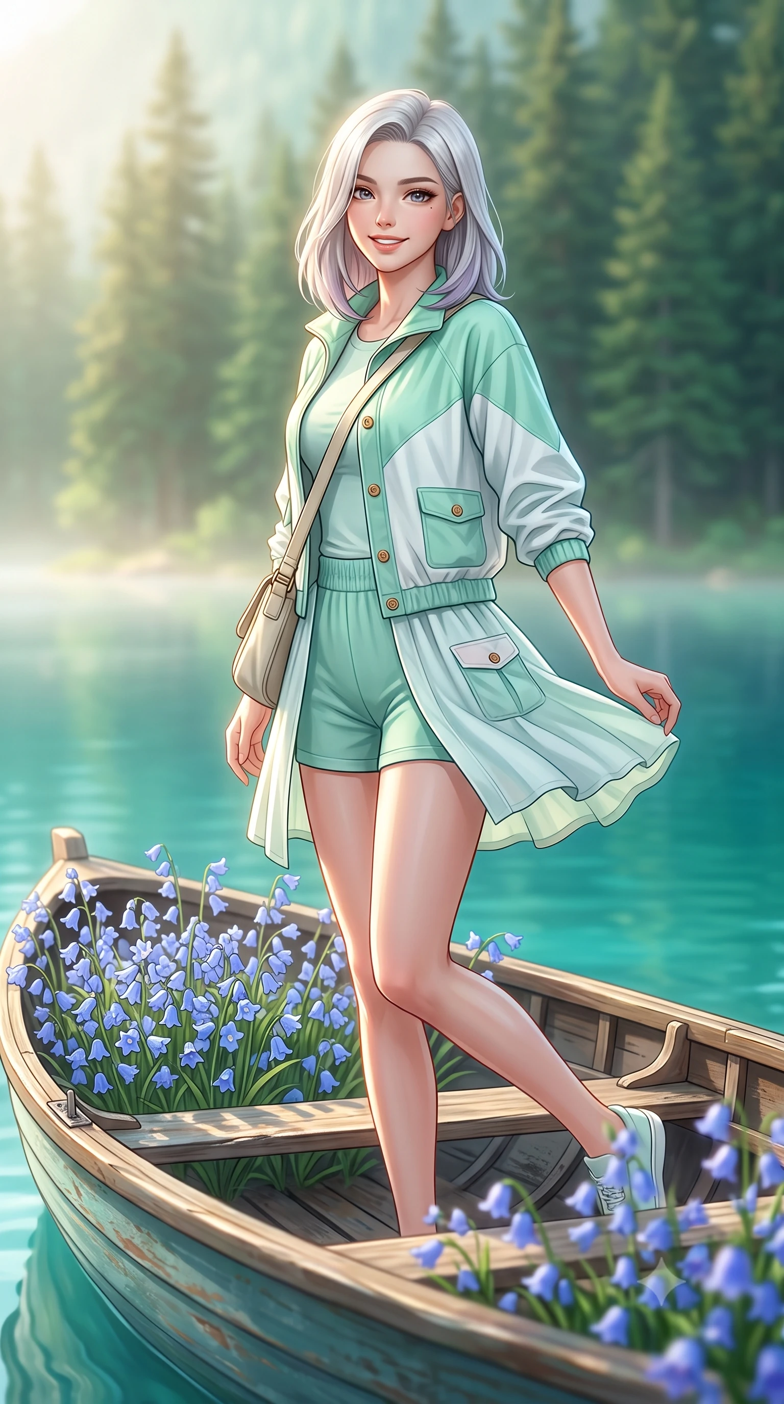 score_9, masterpiece, best quality, ultra-detailed, high-budget anime keyframe, semi-realistic 3D game render, editorial fashion photography, tasteful artistic composition, Caucasian woman. low angle full-body shot from head to toe showing her feet, filling the entire 9:16 vertical frame with her statuesque presence, stretching her vertical silhouette. performing a cheerful mid-motion turn with effortless poise, her skirt fluttering softly as she smiles into the camera while leaning gently against a vintage wooden rowboat filled with bluebells, casting a warm and charming gaze into the lens. The composition keeps background elements in soft focus with creamy bokeh. mirror-still turquoise lake waters and towering evergreen pine forests blurred into radiant emerald and cyan bokeh. She has an absolutely perfect, statuesque 8.5-heads proportion, an exceptionally tall and slender model-like female figure with impossibly long slender legs, a toned flat midriff, and an ultra-slim waist. sharp v-shaped jawline, high-bridge nose, intricate jewel-like eyes with depth, thick eyelashes, glossy lips with a natural sheen, pure and lovely fresh girlhood expression, flawlessly proportioned anatomical accuracy, strict slender model proportions, natural body alignment, perfectly sculpted long slender limbs, ultra-slim waistline, clean dynamic posture without body distortion. wearing a cute sporty pastel windbreaker paired with high-waisted active shorts and a canvas crossbody bag in refreshing mint green and crisp sea-salt white, knitted from ultra-soft cozy baby-cashmere yarn, finished with neat natural wooden buttons and patch pocket details, the soft airy drape swaying gracefully with her dynamic movements, emphasizing her tall willowy build and slim waistline. illuminated by soft morning mist backlighting and emerald water ambient bounce. highly saturated vibrant anime colors, detailed shading with soft gradients, rich glossy textures, high-contrast stereoscopic depth, volumetric dynamic lighting, master piece, 9:16 ratio