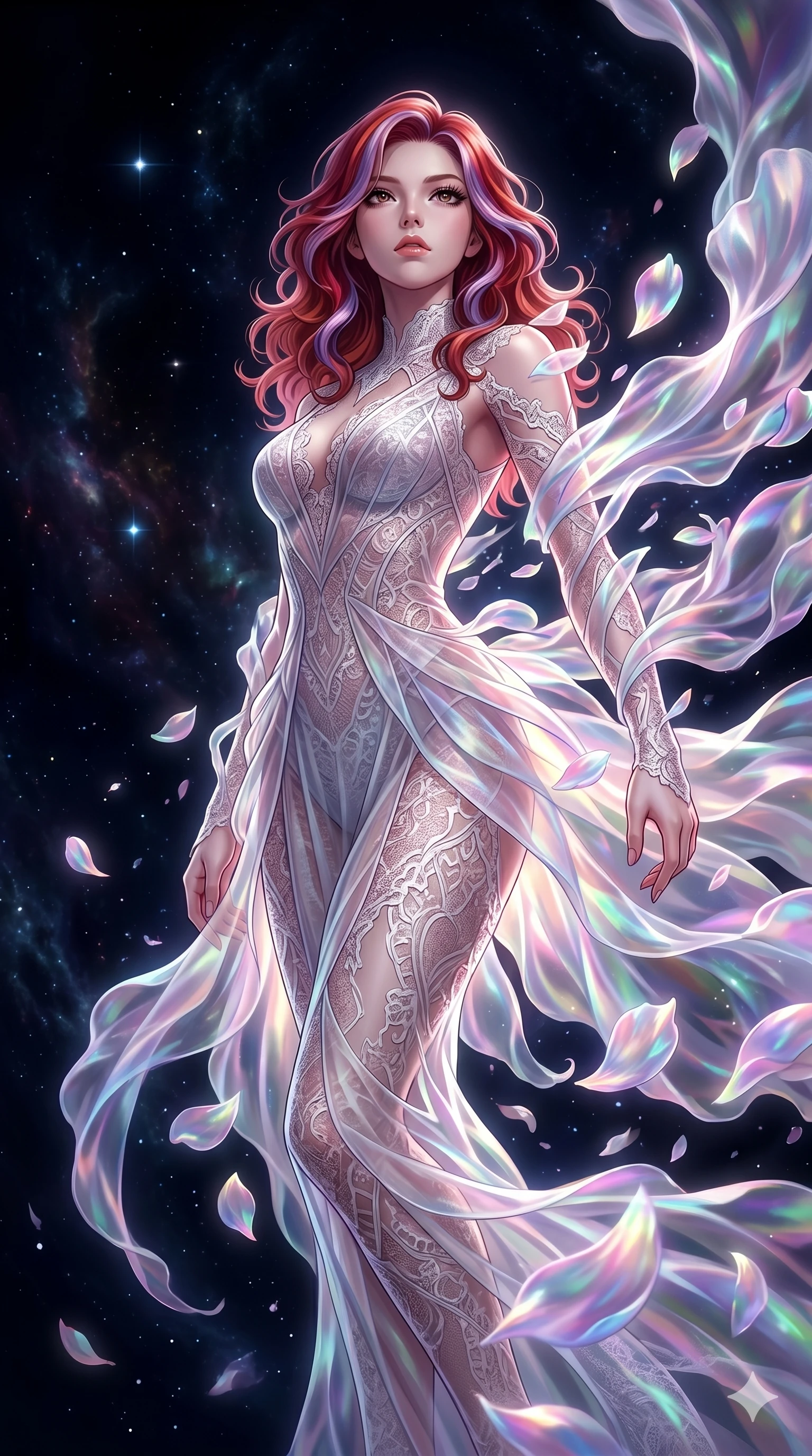 score_9, masterpiece, best quality, ultra-detailed, High-budget Anime Keyframe, East Asian woman. Low angle cowboy shot filling the entire 9:16 frame with her statuesque presence. Scenario 181: Dissolving into a cloud of iridescent silk petals in a void. Her presence is magnetic and overpowering in this high-budget anime scene. Outfit 181: A delicate technical lace avant-garde with a artistic translucent overlays and tight-fitting silhouette. The clothing is designed to emphasize her exceptionally tall and slender 8-heads proportion. 8-heads proportion, towering silhouette, ultra-slim waist. sharp v-shaped jawline, intricate jewel-like eyes with depth, thick eyelashes, glossy lips. 2k, ultra detail, master piece, 9:16 ratio
