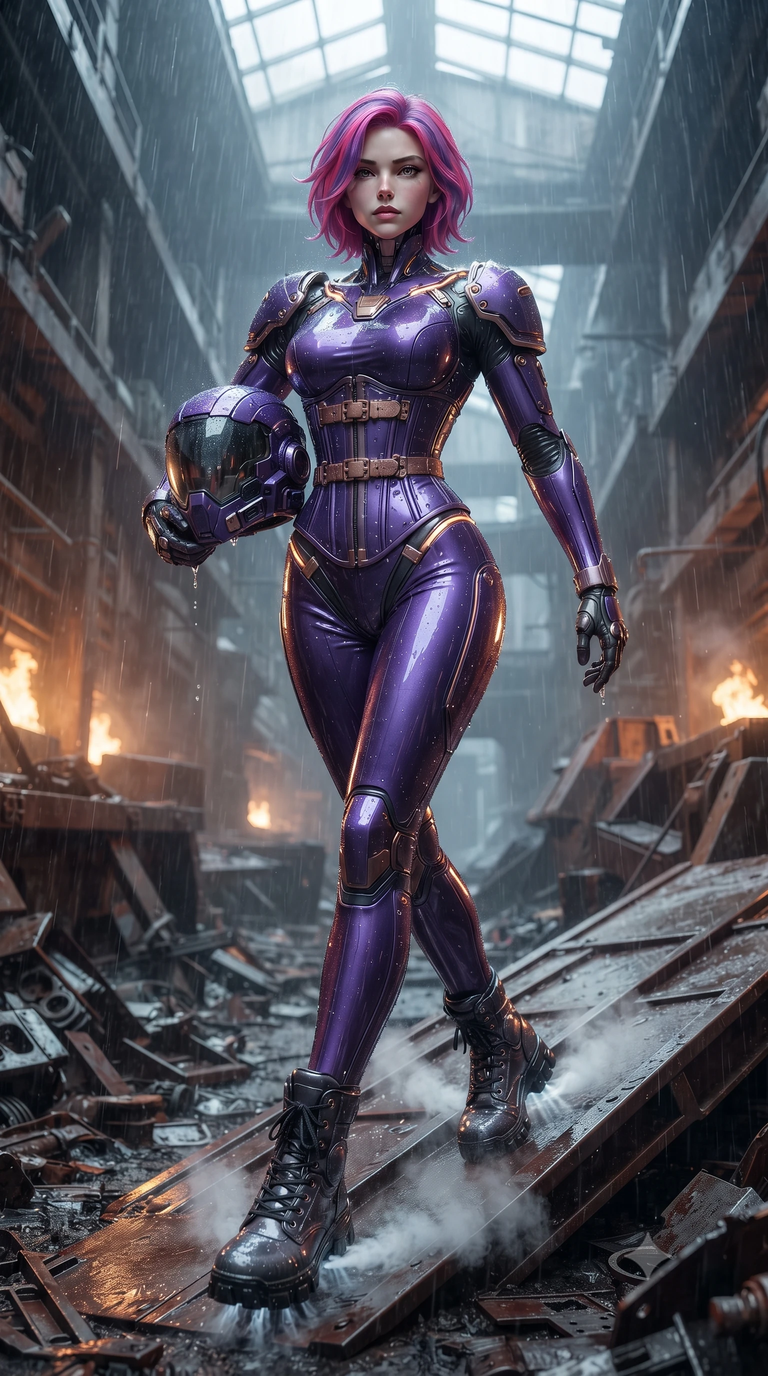 score_9, masterpiece, best quality, ultra-detailed, high-budget anime keyframe, editorial fashion photography, tasteful artistic composition, Caucasian woman. low angle full-body shot from head to toe showing her feet, filling the entire 9:16 vertical frame with her statuesque presence, stretching her vertical silhouette. striding forward with sovereign warrior elegance in a low, predatory combat advance through the ruins, hips swaying with fierce athletic poise while pivoting dynamically on the slanted metal plating as steam hisses from cooling hydraulics beneath her boots. The surrounding environment is rendered in vivid detail and crisp panoramic clarity. detailed carbon helmet shell textures, transparent visor reflections, and scorched titanium armor plates in deep focus. She has an absolutely perfect, statuesque 8.5-heads proportion, an exceptionally tall and slender model-like female figure with impossibly long slender legs, a toned flat midriff, and an ultra-slim waist. sharp v-shaped jawline, high-bridge nose, intricate jewel-like eyes with depth, thick eyelashes, glossy lips with a natural sheen, fierce and resolute heroine expression, flawlessly proportioned anatomical accuracy, strict slender model proportions, natural body alignment, perfectly sculpted long slender limbs, ultra-slim waistline, clean dynamic posture without body distortion. holding a modular carbon battle-helmet under one arm, her flawless face and sculpted neck exposed to the rain with determined warrior focus, paired with a statuesque high-fashion cyber-warrior armor suit with platinum bevels, heavy articulated shoulder guards, and an ultra-slim waist-cinching corset in royal purple carbon fiber with distressed rose-gold hardware and buckles, formed from high-gloss patent carbon-plating with specular dystopian chiaroscuro reflections, accented with glowing fiber-optic telemetry conduits tracing her collarbones and hip curves, the form-contouring material adhering flawlessly to her sculpted flat midriff and slender torso, emphasizing her long leg lines and perfectly proportioned willowy build. bathed in glowing amber reactor fire uplights and cool overcast skylight fill. ultra-reflective glossy finish, specular highlights, dark metallic sheen, high-contrast stereoscopic depth, volumetric dynamic lighting, 2k, ultra detail, master piece, 9:16 ratio