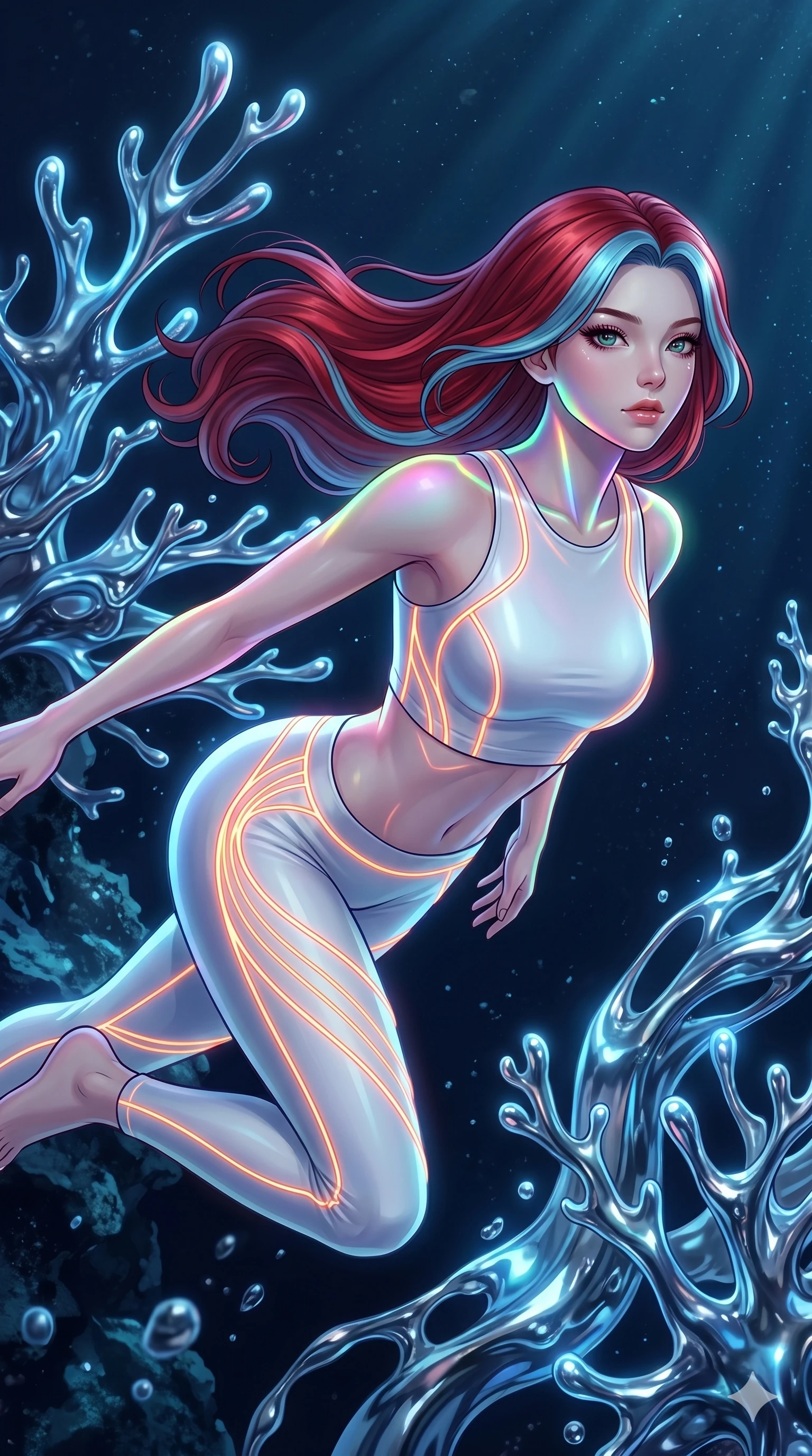 score_9, masterpiece, best quality, ultra-detailed, high-budget anime keyframe, Caucasian woman, strictly human ears. upper body close-up from the thighs up, character filling the screen for maximum presence. diving through a bionic fluid mercury reef where self-replicating liquid chrome corals pulse under dark ocean water. She has an absolutely perfect 8-heads proportion, an exceptionally tall and slender female figure with impossibly long slender legs and an ultra-slim waist. V-shaped jawline, high-bridge nose, intricate jewel-like eyes with depth, thick eyelashes, glossy lips with a natural sheen.. wearing a neon filament athleisure set, featuring a tight white crop top and matching leggings woven with glowing orange neon filaments, highlighting her slender body contour. enhanced by a luminous pastel spectrum glow, casting elegant rim lights on her shoulders and jawline. 2k, ultra detail, master piece, 9:16 ratio