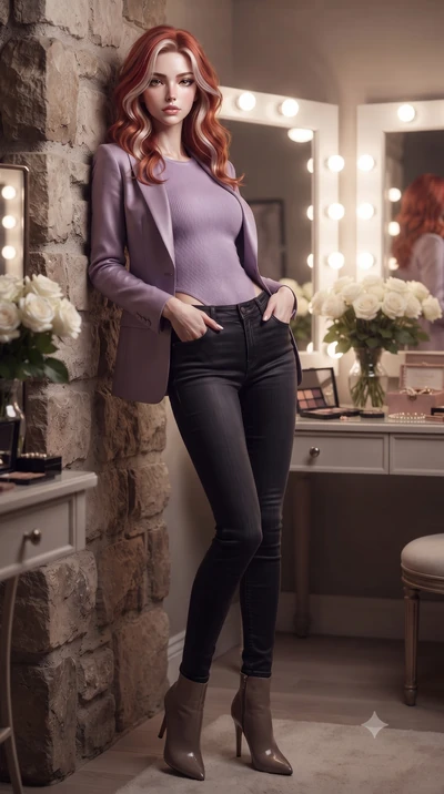 score_9, masterpiece, best quality, ultra-detailed, high-budget anime keyframe, editorial fashion photography, tasteful artistic composition, Caucasian woman. low angle full-body shot from head to toe showing her feet, filling the entire 9:16 vertica