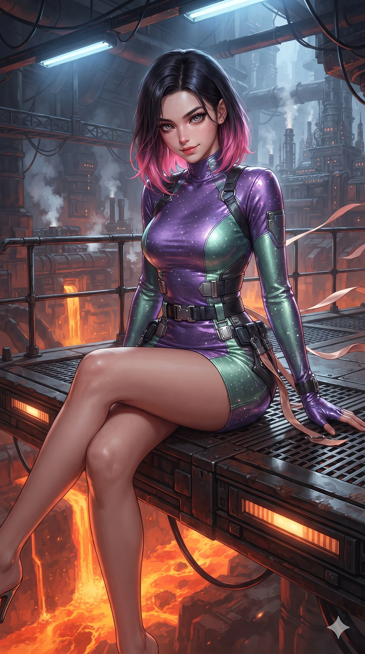 score_9, masterpiece, best quality, ultra-detailed, high-budget anime keyframe, editorial fashion photography, tasteful artistic composition, Korean woman. close-up cowboy shot from the waist and thighs up, the character dominates the composition, filling the frame with her large presence. leaning forward over the holographic console while arching her lower back to accentuate her curvy hips, looking into the camera with an intoxicating smoldering bedroom-gaze while sitting poised on the observation gantry ledge with legs crossed, flashing an enchanting, confident smile as thermal winds flutter her ribbons. The surrounding environment is rendered in vivid detail and crisp panoramic clarity: detailed high-tech combat tailoring, tactical belt hardware, and monumental subterranean infrastructure in crisp definition. She has an exceptionally elegant, slender, and willowy female figure with an ultra-slim waist, flat toned midriff, narrow ribcage, and sculpted feminine hips creating an alluring, slim hourglass silhouette without bulk. sharp v-shaped jawline, high-bridge nose, intricate jewel-like sparkling eyes with depth, thick eyelashes, glossy parted lips with a natural sheen, bright confident smile with an enchanting and coquettish sensual glint, exuding both youthful magnetic charm and sovereign high-tech allure, flawlessly proportioned anatomical accuracy, strict slender model proportions, natural body alignment, perfectly sculpted long slender limbs, ultra-slim waistline, clean dynamic posture without body distortion. wearing a glove-like stretch lambskin cyber-sheath dress accentuating her ultra-slim waistline without bulk in phosphorescent ultraviolet amethyst and mint green, woven from stretch metallic lurex jersey casting radiant starlight glints across her curves, finished with polished chrome buckle hardware and modular magnetic holster clasps, the impeccably tailored cut draping gracefully along her slender figure with aristocratic poise. bathed in the radiant 2000K upward glow of the cascading magma river combined with overhead industrial quartz worklights. ultra-reflective glossy finish, specular highlights, rich textural contrasts, high-contrast stereoscopic depth, volumetric dynamic lighting, 2k, ultra detail, master piece, 9:16 ratio