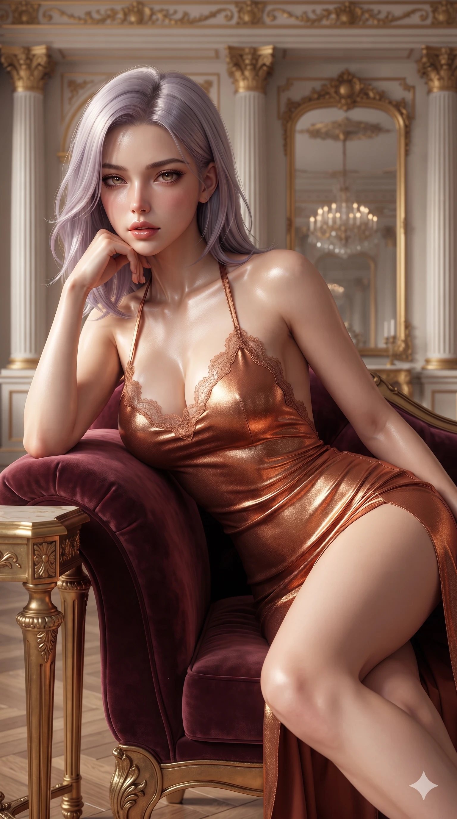score_9, masterpiece, best quality, ultra-detailed, high-budget anime keyframe, editorial fashion photography, tasteful artistic composition, Caucasian woman. close-up cowboy shot from the waist and thighs up, the character dominates the composition, filling the frame with her large presence. resting one elbow on the table and supporting her chin, leaning close to the camera with heavy-lidded sparkling eyes and parted lips while lounging languidly across the plush velvet chaise with one knee drawn up, displaying her long slender leg line and flat midriff with effortless siren poise. The surrounding environment is rendered in vivid detail and crisp panoramic clarity: detailed garment drape, second-skin fit, and monumental neoclassical palace ornamentation in high resolution. She has an exceptionally elegant, slender, and willowy female figure with an ultra-slim waist, flat toned midriff, narrow ribcage, and sculpted feminine hips creating an alluring, slim hourglass silhouette without bulk. sharp v-shaped jawline, high-bridge nose, intricate jewel-like eyes with depth, thick eyelashes, glossy parted lips with a natural sheen, intensely captivating and seductive bedroom-eyes expression, flawlessly proportioned anatomical accuracy, strict slender model proportions, natural body alignment, perfectly sculpted long slender limbs, ultra-slim waistline, clean dynamic posture without body distortion. wearing an alluring backless metallic lamé halterneck mini dress with scoop back to the lower spine and thigh-high slit in molten desert gold and burnt terracotta, tailored from ultra-smooth duchess satin with a pearlescent sheen, finished with scalloped eyelash lace trim framing her sweetheart neckline with intimate elegance, the high-slit wrap tailoring accentuating her ultra-slim waistline and the enchanting curve of her feminine hips with alluring seductive charm. illuminated by golden reflection bounce defining her dewy collarbones, ultra-slim waist, and curvy hips. ultra-reflective glossy finish, specular highlights, rich textural contrasts, high-contrast stereoscopic depth, volumetric dynamic lighting, 2k, ultra detail, master piece, 9:16 ratio