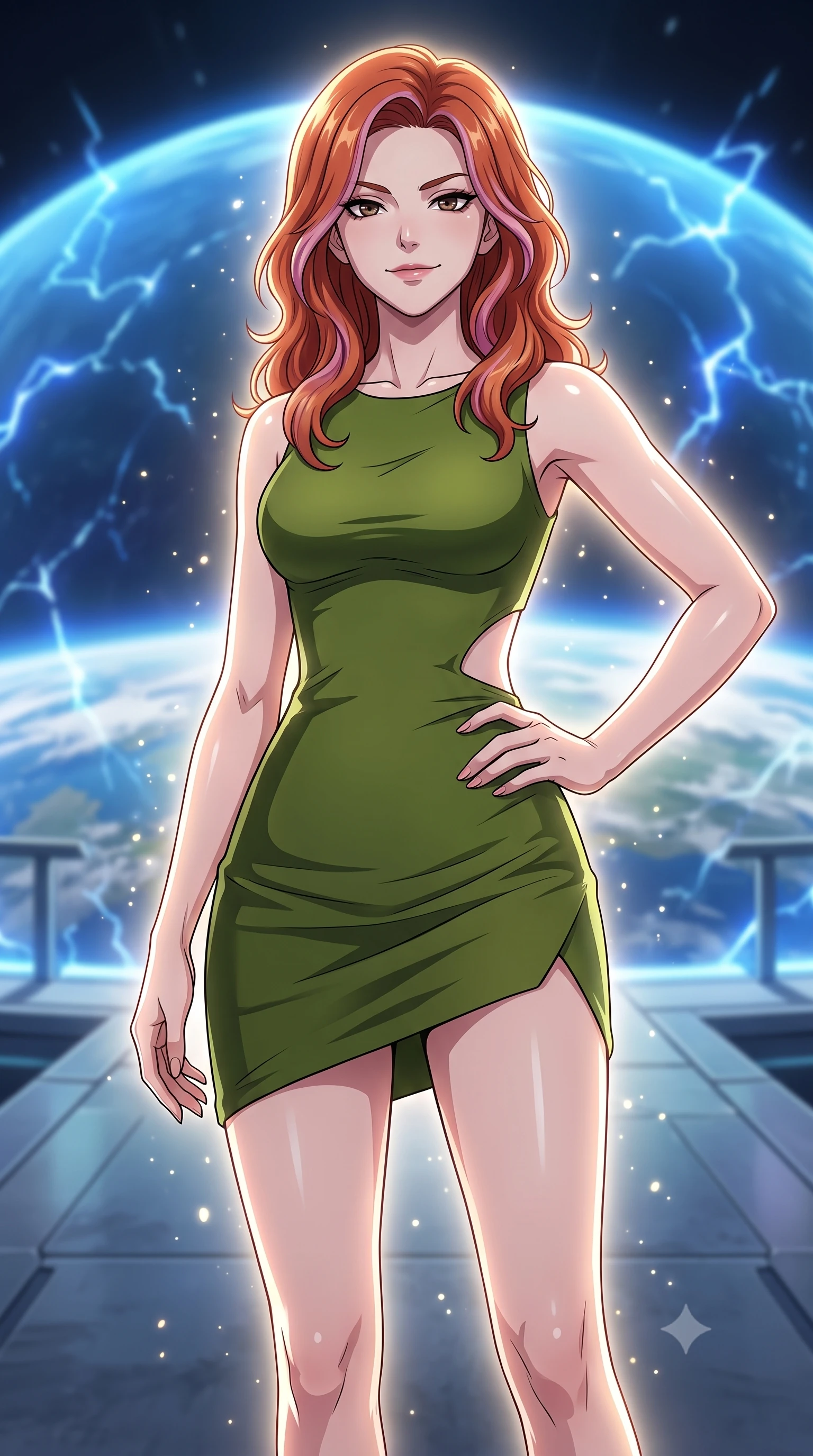score_9, masterpiece, best quality, ultra-detailed, high-budget anime keyframe, clean line-art, cel-shading, Caucasian woman, strictly human ears. close-up cowboy shot from the waist and thighs up, the character dominates the composition, filling the frame with her large presence, background elements kept in soft focus. Looking down at the opponent with quiet, menacing intensity and a cold half-smile. set against a soft-focus background of a high-altitude platform overlooking earth, where a blue dome shield pulses with defensive energy arcs. She has an exceptionally elegant and slender, willowy female figure with an ultra-slim waist, a gracefully sculpted slender torso, and a refined slim physique. sharp v-shaped jawline, high-bridge nose, intricate jewel-like eyes with depth, thick eyelashes, glossy lips with a natural sheen. wearing catching and diffusing the glowing particles, shimmering softly in response to the surrounding light, a tailored bodycon mini dress in olive green, featuring a side cut-out at the waist and an asymmetric hem. dramatic backlight creating a radiant halo effect around her entire silhouette. highly saturated vibrant anime colors, intense vivid color palette, volumetric dynamic lighting, 2k, ultra detail, master piece, 9:16 ratio