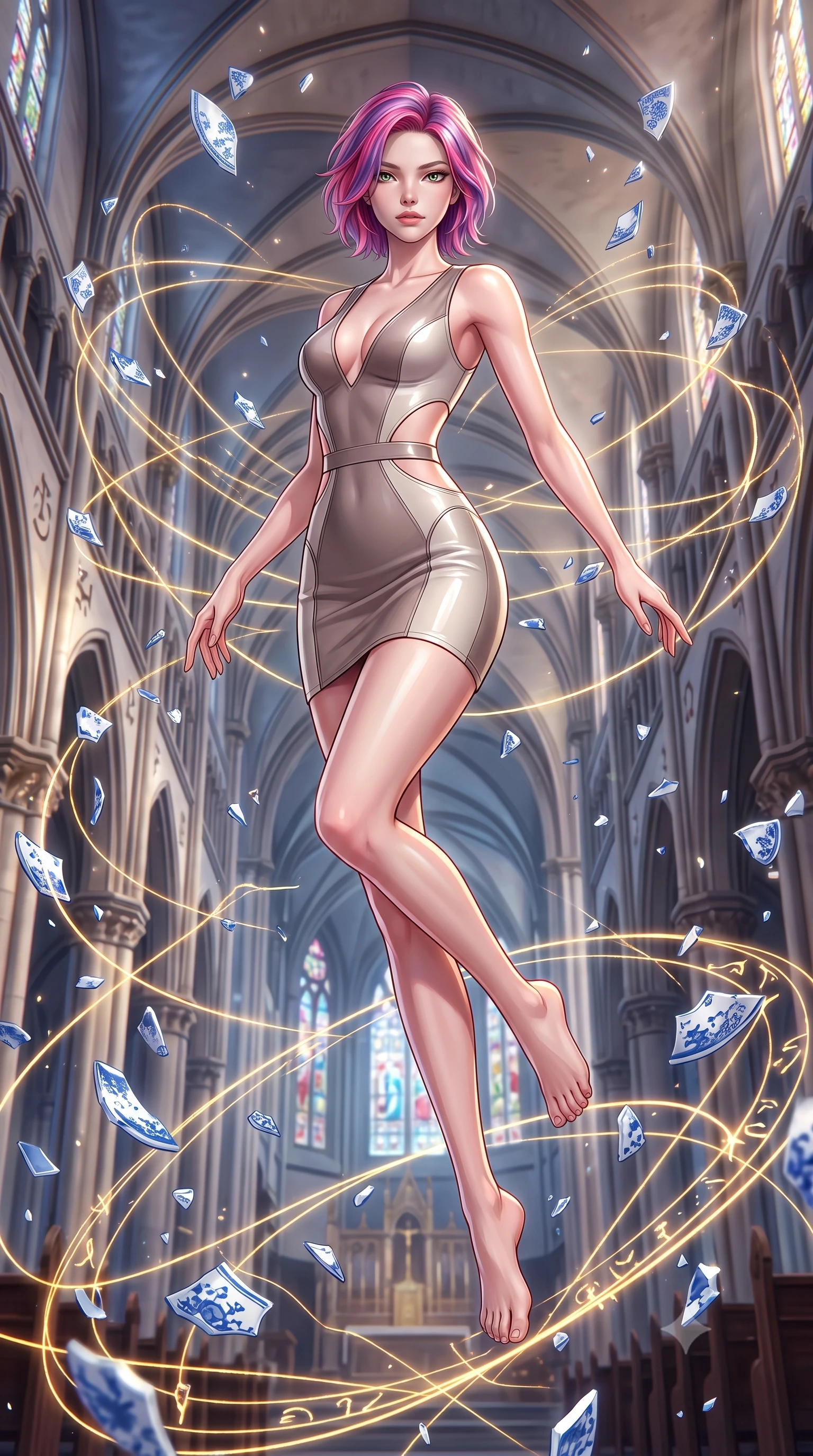 score_9, masterpiece, best quality, ultra-detailed, high-budget anime keyframe, editorial fashion photography, tasteful artistic composition, Caucasian woman. low angle full-body shot from head to toe showing her feet, filling the entire 9:16 vertical frame with her statuesque presence, stretching her vertical silhouette. leaping gracefully through mid-air with statuesque elegance, her impossibly long slender legs stretched in perfect balance while leaping through an alchemical cathedral nave flanked by floating blue-and-white porcelain shards, golden light threads binding broken ceramic pieces in dynamic orbital motion. She has an absolutely perfect, statuesque 8.5-heads proportion, an exceptionally tall and slender model-like female figure with impossibly long slender legs and an ultra-slim waist. sharp v-shaped jawline, high-bridge nose, intricate jewel-like eyes with depth, thick eyelashes, glossy lips with a natural sheen, flawlessly proportioned anatomical accuracy, natural body alignment, perfectly sculpted elegant limbs, clean dynamic posture without body distortion. wearing a liquid mercury gloss mini dress with ultra-deep V-neck and waist cutouts in muted taupe and soft ivory, formed from sleek second-skin neoprene, featuring subtle geometric cutouts that highlight her ultra-slim midriff, the form-contouring material highlighting her ultra-slim waist and long lines. surrounded by a majestic inner radiance highlighting glossy white porcelain. highly saturated vibrant anime colors, detailed shading with soft gradients, rich glossy textures, high-contrast stereoscopic depth, volumetric dynamic lighting, master piece, 9:16 ratio