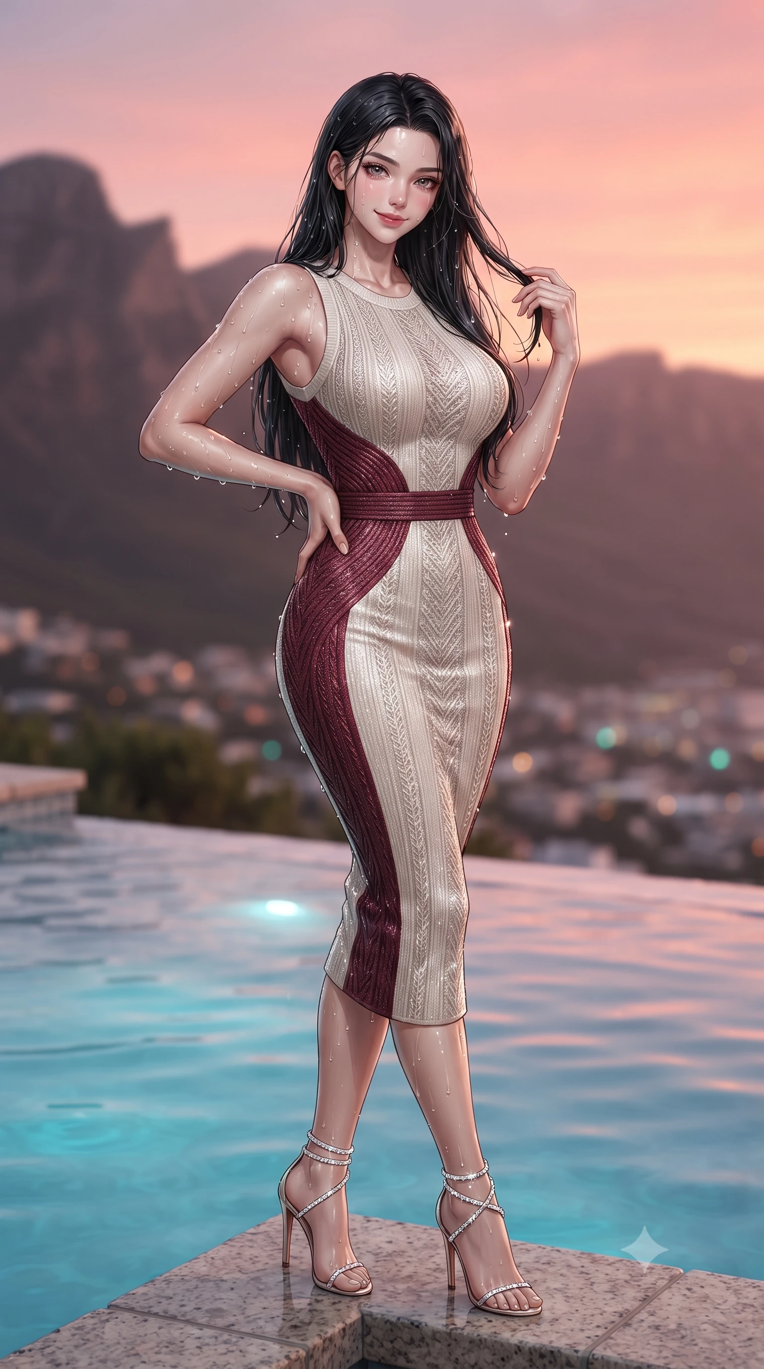 score_9, masterpiece, best quality, ultra-detailed, high-budget anime keyframe, editorial fashion photography, tasteful artistic composition, Korean woman. close-up cowboy shot from the waist and thighs up, the character dominates the composition, filling the frame with her large presence. twisting her slender torso in an alluring contrapposto stance, one hand resting on her sculpted hip while her fingers toy with her hair with effortless poise while standing poised on the natural granite coping of the infinity pool perched on the sheer slopes of Lion's Head, arching her spine with wet-look siren charisma. The background shows a soft-focus gentle infinity pool overflow ripples softened in exclusive mountain aerie shallow focus. She has an exceptionally elegant, slender, and willowy female figure with an ultra-slim waist, flat toned midriff, narrow ribcage, and sculpted feminine hips creating an alluring, slim hourglass silhouette without bulk. sharp v-shaped jawline, high-bridge nose, intricate jewel-like sparkling eyes with depth, thick eyelashes, glossy parted lips with a natural peach sheen, bright cheerful beaming smile with an enchanting and coquettish sensual glint, exuding both youthful cute charm and seductive allure, flawlessly proportioned anatomical accuracy, strict slender model proportions, natural body alignment, perfectly sculpted long slender limbs, ultra-slim waistline, clean dynamic posture without body distortion. wearing a body-contouring metallic lurex knit column dress casting radiant starlight shimmer across her flat midriff and curves in Belvedere ivory pearl and Habsburg bordeaux wine, woven from buttery-soft stretch lambskin leather adhering to her body like a second skin, complemented by strappy stiletto sandals with crystal ankle wraps accentuating her slender calves, the liquid-tight tailored fabric clinging flawlessly to her narrow waist and rounded feminine hips, emphasizing every millimeter of her sculpted slim hourglass curves without any bulky heaviness. bathed in late-sunset 3000K coral alpenglow combined with underwater pool cyan LEDs and Camps Bay evening city lights. ultra-reflective glossy finish, specular highlights, rich textural contrasts, high-contrast stereoscopic depth, volumetric dynamic lighting, 2k, ultra detail, master piece, 9:16 ratio