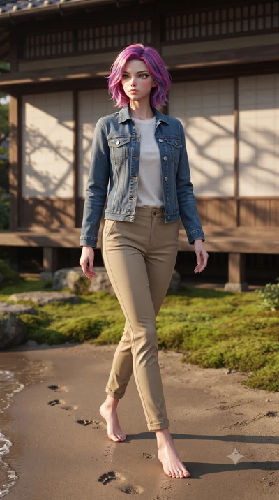 score_9, masterpiece, best quality, ultra-detailed, high-budget anime keyframe, editorial fashion photography, tasteful artistic composition, Caucasian woman woman. low angle full-body shot from head to toe showing her feet, filling the entire 9:16 v