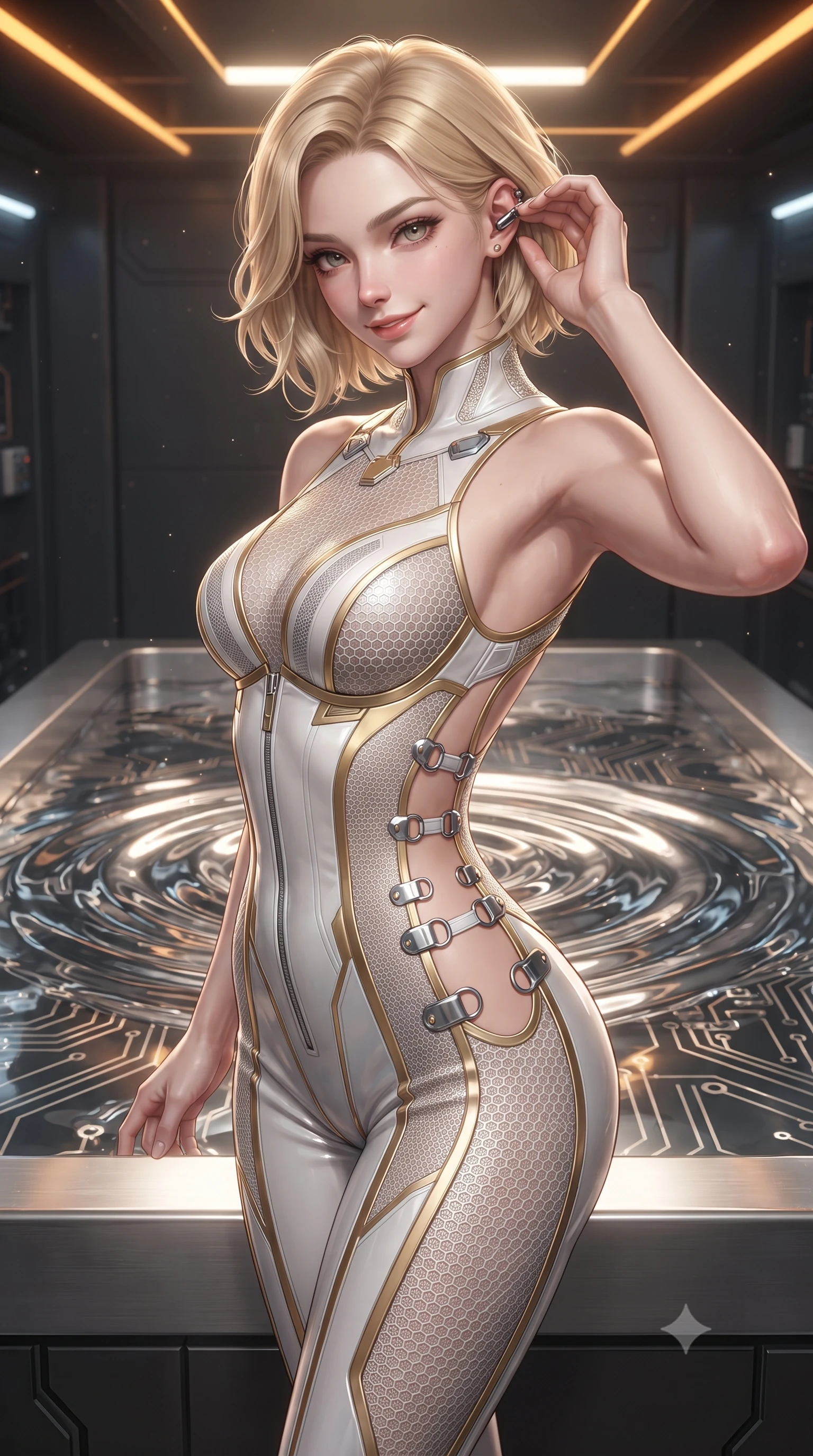 score_9, masterpiece, best quality, ultra-detailed, high-budget anime keyframe, editorial fashion photography, tasteful artistic composition, Caucasian woman. close-up cowboy shot from the waist and thighs up, the character dominates the composition, filling the frame with her large presence. tilting her head with a captivating smile while arching her spine with dancer poise, one hand adjusting her ear comm-link in a flirtatious S-curve while standing beside a mirror-like pool of swirling liquid metal nanobots, arching her lower back with a mesmerizing, teasing smile. The surrounding environment is rendered in vivid detail and crisp panoramic clarity: sharp liquid metal surface tension ripples, brushed titanium tank edges, and circuit board trace clarity in deep focus. She has an exceptionally elegant, slender, and willowy female figure with an ultra-slim waist, flat toned midriff, narrow ribcage, and sculpted feminine hips creating an alluring, slim hourglass silhouette without bulk. sharp v-shaped jawline, high-bridge nose, intricate jewel-like sparkling eyes with depth, thick eyelashes, glossy parted lips with a natural sheen, bright confident smile with an enchanting and coquettish sensual glint, exuding both youthful magnetic charm and sovereign high-tech allure, flawlessly proportioned anatomical accuracy, strict slender model proportions, natural body alignment, perfectly sculpted long slender limbs, ultra-slim waistline, clean dynamic posture without body distortion. wearing a form-fitting white-and-gold zero-gravity EVA jumpsuit with an ultra-slim corseted waist and exposed clavicle line in liquid chrome silver and pitch black, woven from delicate semi-opaque high-tensile nano-mesh with intricate hexagonal micro-patterns, finished with sharp laser-cut side ventilation slits framed by silver hardware rings, the precision-cut side openings and low-back scoop framing her graceful spine and the sensual sweep of her slim, toned hips. illuminated by overhead amber laser guides and sharp chrome rim lights sculpting her razor-sharp jawline, narrow waist, and curvy hips. ultra-reflective glossy finish, specular highlights, rich textural contrasts, high-contrast stereoscopic depth, volumetric dynamic lighting, 2k, ultra detail, master piece, 9:16 ratio