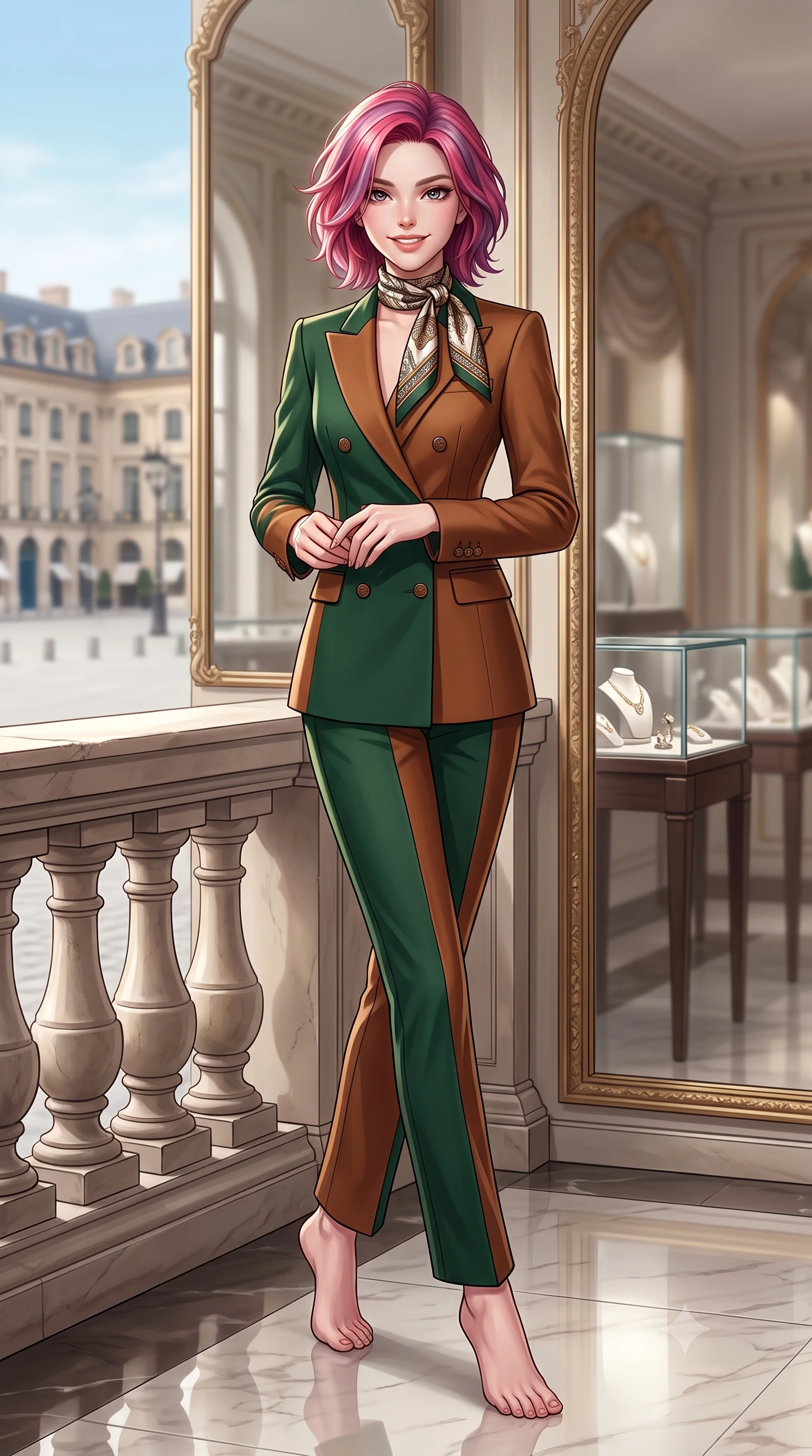 score_9, masterpiece, best quality, ultra-detailed, high-budget anime keyframe, semi-realistic 3D game render, editorial fashion photography, tasteful artistic composition, Caucasian woman. low angle full-body shot from head to toe showing her feet, filling the entire 9:16 vertical frame with her statuesque presence, stretching her vertical silhouette. standing poised beside the classical stone balustrade with one foot slightly forward, hands folded loosely before her with regal grace while walking past monumental mirrors reflecting the historic octagonal Place Vendôme square, turning with magnetic high-fashion poise. The background shows a soft-focus glass display cases with luxury jewels softened in opulent Parisian palace shallow focus. She has an exceptionally tall and slender model-like 8.5-heads proportion, an ultra-slim waist, a flat toned midriff, narrow delicate ribcage, and beautifully sculpted feminine hips creating a graceful, slim hourglass silhouette without any bulky heaviness, with impossibly long slender legs. sharp v-shaped jawline, high-bridge nose, intricate jewel-like sparkling eyes with depth, thick eyelashes, glossy parted lips with a natural peach sheen, bright cheerful beaming smile with an enchanting and coquettish sensual glint, exuding both youthful cute charm and seductive allure, flawlessly proportioned anatomical accuracy, strict slender model proportions, natural body alignment, perfectly sculpted long slender limbs, ultra-slim waistline, clean dynamic posture without body distortion. wearing a refined double-breasted wool gabardine pantsuit with clean minimalist tailoring and a concealed placket in heritage British racing green and warm cognac brown, tailored from heavyweight double-faced wool with clean architectural edges, finished with a printed silk twilly scarf knotted gracefully around her neck, the precision-cut high-waisted tailoring accentuating her ultra-slim waist and long slender leg line with immaculate aristocratic poise. illuminated by polished marble floor bounce and pristine champagne rim lights defining her razor-sharp jawline and elegant tailored silhouette. highly saturated vibrant anime colors, detailed shading with soft gradients, rich glossy textures, high-contrast stereoscopic depth, volumetric dynamic lighting, master piece, 9:16 ratio