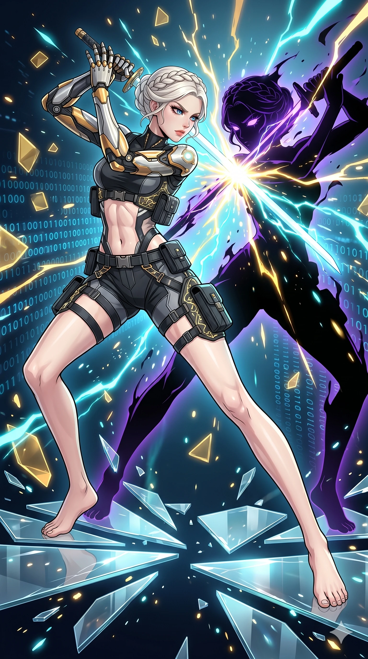 score_9, masterpiece, best quality, ultra-detailed, High-budget Anime Keyframe, vibrant colors, fluid line-art, expressive lighting, cinematic composition, Ufotable-style visual effects, top-tier animation quality, Caucasian woman with pale skin, blonde hair, and (strictly human ears). Dynamic full-body shot stretching the vertical silhouette, capturing her from a powerful low-angle perspective. Engaging in a fierce duel with a shadowy mirror version of herself on a platform of floating glass shards. She has an absolutely perfect 8-heads proportion, an exceptionally tall and slender female figure with impossibly long slender legs and an ultra-slim waist, her statuesque height and towering silhouette dominating the vertical 9:16 frame. Her face is a masterpiece featuring a sharp v-shaped jawline, high-bridge nose, intricate jewel-like eyes with depth, thick eyelashes, and glossy lips with a natural sheen. She is wearing a Cyber-augmented streetwear featuring mechanical arm parts and a micro-shorts/harness combo crafted from Sheer silk that is almost transparent, flowing like water around her statuesque frame, with an exposed midriff and a complex harness system that draws the eye. The scene is set in an abstract digital void with floating golden geometric shapes and rivers of flowing code, illuminated by intense energy flares from her powers illuminating the scene with brilliant light. 2k, ultra detail, master piece, 9:16 ratio