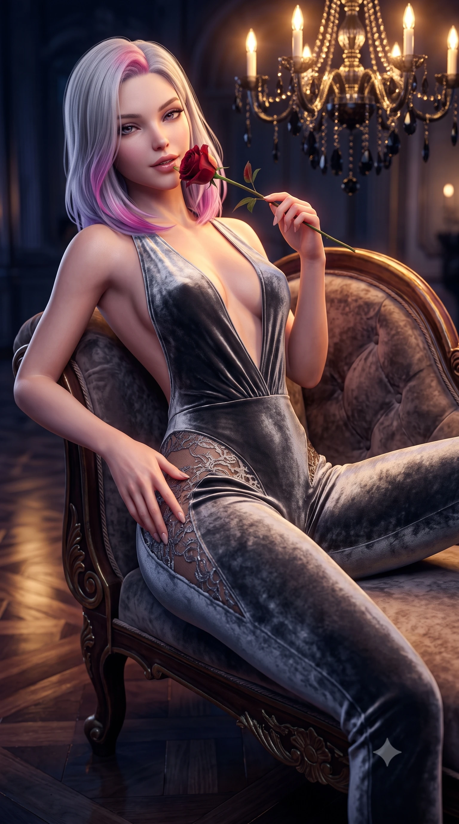 score_9, masterpiece, best quality, ultra-detailed, high-budget anime keyframe, semi-realistic 3D game render, editorial fashion photography, tasteful artistic composition, Caucasian woman. close-up cowboy shot from the waist and thighs up, the character dominates the composition, filling the frame with her large presence. tilting her head with a teasing half-smile, running one hand slowly down the side of her hip in a flirtatious S-curve as ambient light caresses her silhouette while lounging across an ornate velvet-upholstered chaise lounge, her long slender legs and hourglass silhouette commanding the nocturnal hall. The background shows a soft-focus polished ballroom floor reflections softened in opulent gothic shallow focus. She has an exceptionally elegant, slender, and willowy female figure with an ultra-slim waist, flat toned midriff, narrow ribcage, and sculpted feminine hips creating an alluring, slim hourglass silhouette without bulk. sharp v-shaped jawline, high-bridge nose, sparkling eyes with hypnotic seductive depth, thick curled eyelashes, glossy parted lips with a natural dewy peach sheen, alluring bedroom-eyes with an enchanting coquettish smile, exuding magnetic siren charisma and sophisticated glamour, flawlessly proportioned anatomical accuracy, strict slender model proportions, natural body alignment, perfectly sculpted long slender limbs, ultra-slim waistline, clean dynamic posture without body distortion. wearing a backless plunge-front second-skin velvet jumpsuit with fluid tapered legs and sheer lace hip inserts in molten liquid silver and midnight charcoal with platinum highlights, crafted from smooth liquid-tight stretch jersey emphasizing every curve of her body, accented with a single fresh-cut long-stemmed crimson rose held delicately near her parted lips, the form-contouring silhouette accentuating her sculpted flat midriff, narrow delicate ribcage, and gracefully curvy hips with intoxicating allure. bathed in the glittering amber-and-gold brilliance of black-crystal chandelier candle bulbs. highly saturated vibrant anime colors, detailed shading with soft gradients, rich glossy textures, high-contrast stereoscopic depth, volumetric dynamic lighting, master piece, 9:16 ratio