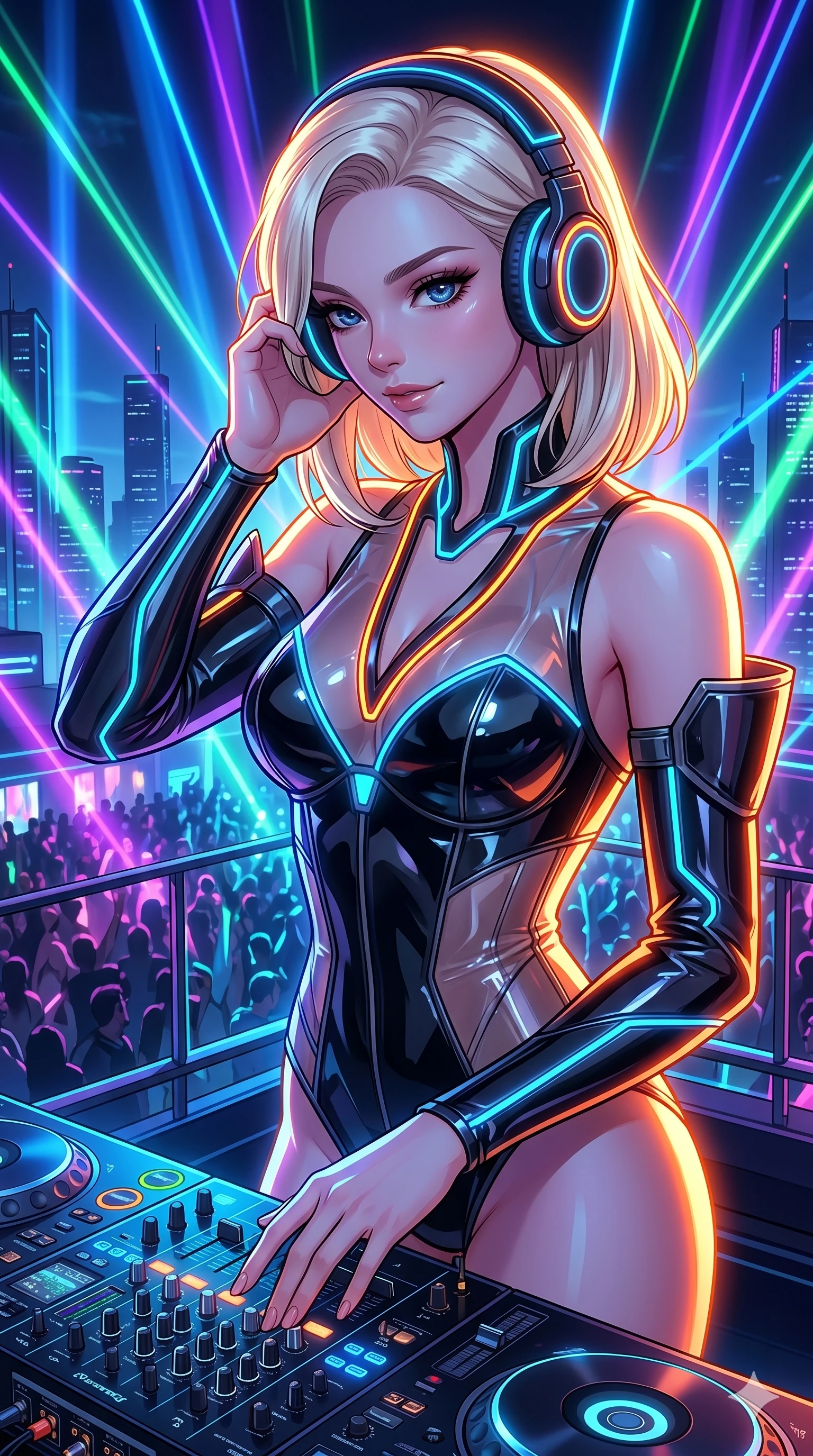 score_9, masterpiece, best quality, ultra-detailed, high-budget anime keyframe, editorial fashion photography, tasteful artistic composition, Caucasian woman, strictly human ears. Upper body close-up from the thighs up, character filling the screen for maximum presence. She is adjusting glowing neon headphones at a futuristic rooftop DJ booth. She sways to the music, glancing down at the crowd below with a confident, mesmerizing smile. She has an absolutely perfect 8-heads proportion, a tall and elegant figure with a refined silhouette and a defined waistline. V-shaped jawline, high-bridge nose, intricate jewel-like eyes with depth, thick eyelashes, glossy lips with a natural sheen. She is wearing a structured cybernetic bodice in glossy vinyl panels, paired with detached sleeves and a refined V-neckline detailed with glowing piping. The scene is lit by brilliant neon club laser beams and bright orange key lights tracing her silhouette. 2k, ultra detail, master piece, 9:16 ratio
