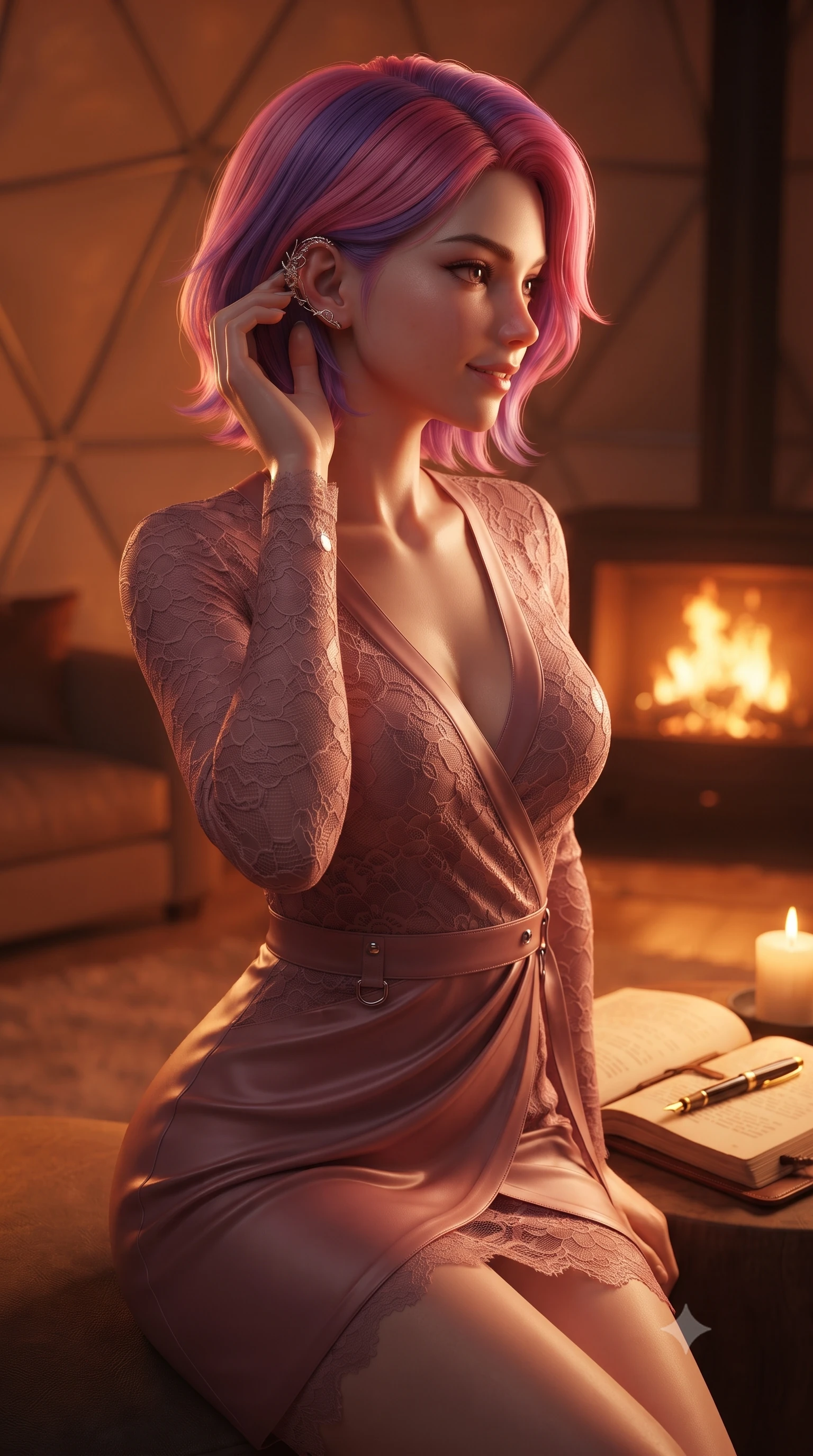 score_9, masterpiece, best quality, ultra-detailed, high-budget anime keyframe, editorial fashion photography, tasteful artistic composition, Caucasian woman. close-up cowboy shot from the waist and thighs up, the character dominates the composition, filling the frame with her large presence, background elements kept in soft focus. adjusting her delicate ear cuff with a captivating half-smile, her profile highlighted by a dramatic rim light set against a soft-focus background of inside an exclusive geodesic dome with an open leather journal and a gold fountain pen sitting next to a candle. She has an exceptionally elegant, slender, and willowy female figure with an ultra-slim waist, a gracefully sculpted slender torso, and a refined silhouette. sharp v-shaped jawline, high-bridge nose, intricate jewel-like eyes with depth, thick eyelashes, glossy lips with a natural sheen. wearing body-hugging dusty rose delicate lace sleek long-sleeve silk wrap dress contouring her ultra-slim waist elegantly accented with delicate silver hardware. bathed in cozy, flickering fireplace light that paints the room in a warm orange wash. ultra-reflective glossy finish, specular highlights, metallic sheen, high-contrast stereoscopic depth, volumetric dynamic lighting, 2k, ultra detail, master piece, 9:16 ratio