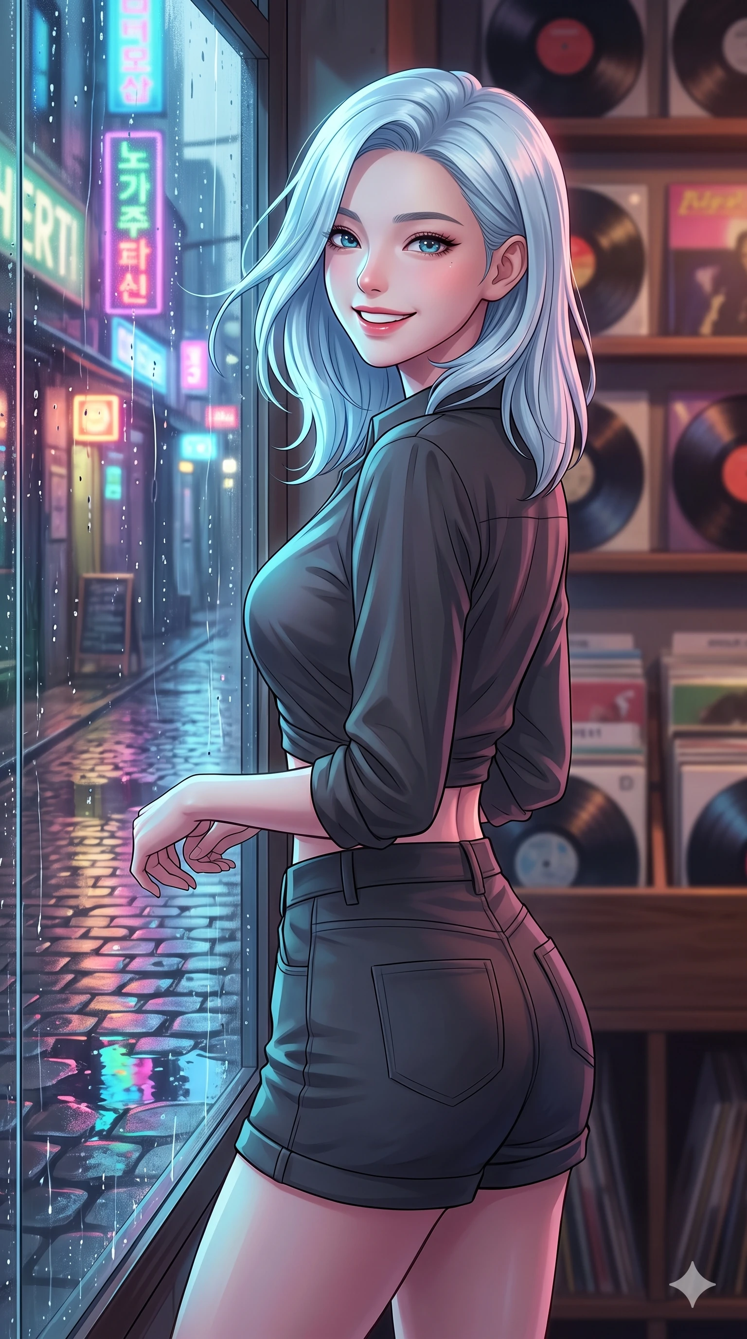 score_9, masterpiece, best quality, ultra-detailed, high-budget anime keyframe, vibrant anime aesthetic, Korean woman. close-up cowboy shot from the waist and thighs up, the character dominates the composition, filling the frame with her large presence, background elements kept in soft focus. She is looking over her shoulder, smiling cheerfully at the viewer, with a bright, joyful gaze with a soft breath of wind in her hair. by the window of a cozy vintage record store, looking at the street through rain-streaked window panes (Code-P22-063). She has an absolutely perfect proportion, an exceptionally elegant and slender female figure with an ultra-slim waist. V-shaped jawline, high-bridge nose, intricate jewel-like eyes with depth, thick eyelashes, glossy lips with a natural sheen. wearing a cropped wrap shirt and high-waisted shorts in classic charcoal. She is lit by bright neon light reflections in water puddles, creating a glowing twilight aura, casting soft shadows that enhance her features along the cobblestone alley. 2k, ultra detail, master piece, 9:16 ratio
