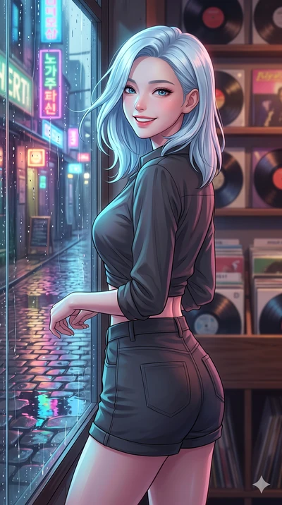 score_9, masterpiece, best quality, ultra-detailed, high-budget anime keyframe, vibrant anime aesthetic, Korean woman. close-up cowboy shot from the waist and thighs up, the character dominates the composition, filling the frame with her large presen