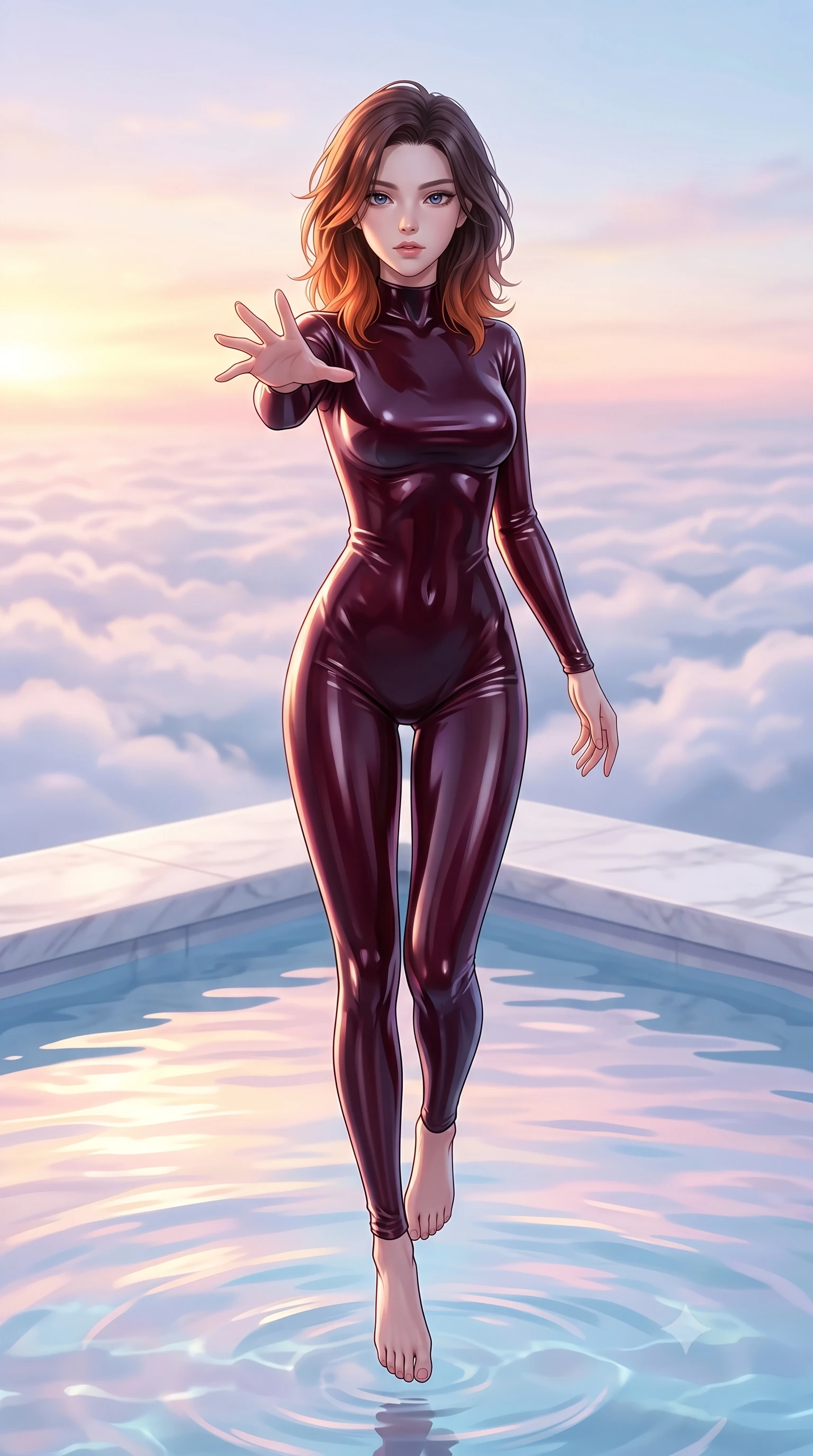 score_9, masterpiece, best quality, ultra-detailed, high-budget anime keyframe, editorial fashion photography, tasteful artistic composition, Korean woman woman. low angle full-body shot from head to toe showing her feet, filling the entire 9:16 vertical frame with her statuesque presence, stretching her vertical silhouette. She has an absolutely perfect, statuesque 8.5-heads proportion, an exceptionally tall and slender model-like female figure with impossibly long slender legs and an ultra-slim waist. floating dynamically in zero-gravity with flawless poise, reaching her hand forward gracefully, flawlessly proportioned anatomical accuracy, natural body alignment, perfectly sculpted elegant limbs, clean dynamic posture without body distortion. set against a soft-focus background of a white marble terrace pool above a sea of clouds. wearing a form-fitting dark burgundy vinyl bodycon outfit with a high collar line. bathed in soft pastel dawn light reflecting off clear water onto her refined features. highly saturated vibrant anime colors, detailed shading with soft gradients, rich glossy textures, high-contrast stereoscopic depth, volumetric dynamic lighting, master piece, 9:16 ratio