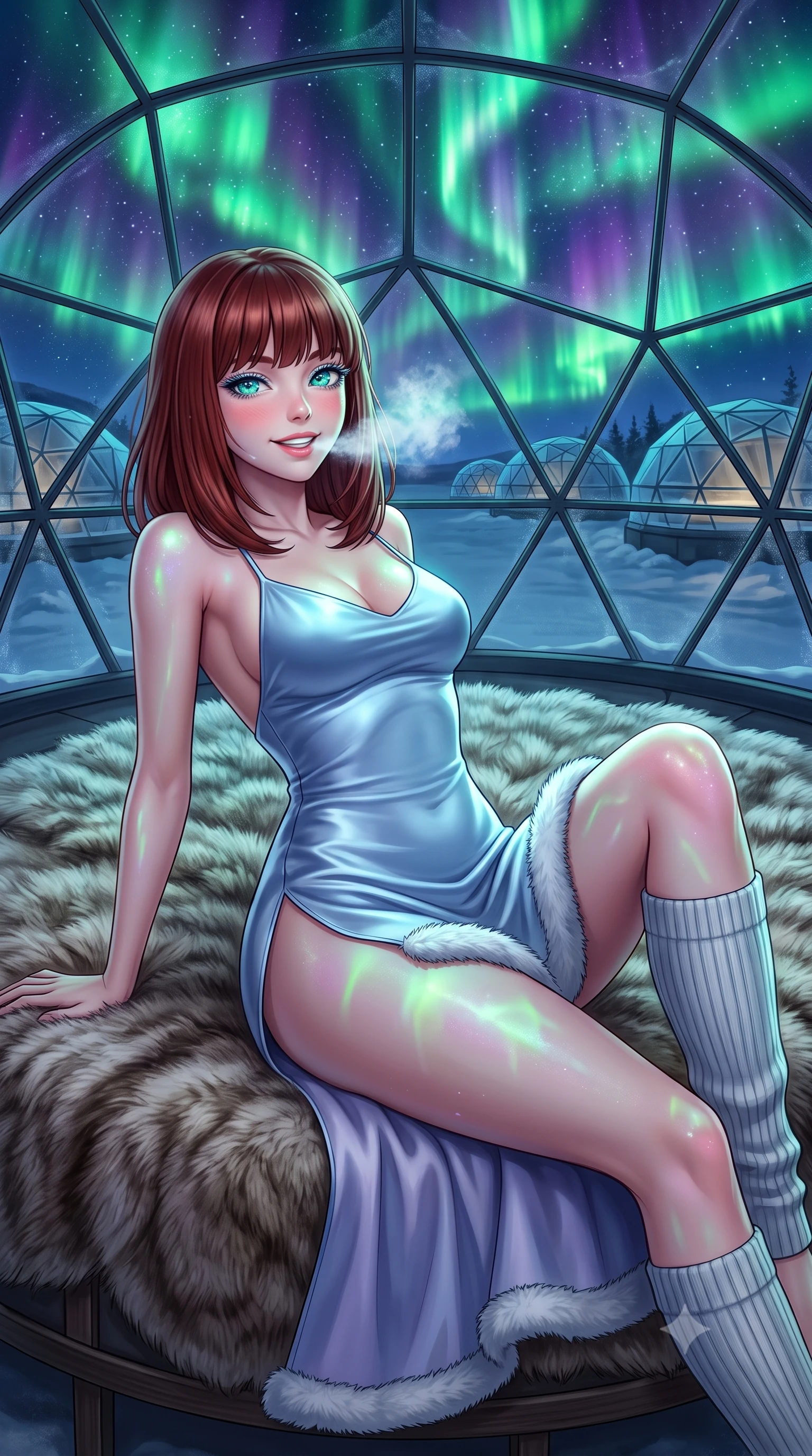 score_9, masterpiece, best quality, ultra-detailed, high-budget anime keyframe, semi-realistic 3D game render, editorial fashion photography, tasteful artistic composition, Caucasian woman. close-up cowboy shot from the waist and thighs up, the character dominates the composition, filling the frame with her large presence. playfully blowing a wisp of frost toward the lens, her radiant smile capturing fresh girlhood charm while her arched torso reveals an intoxicating hip contour while reclining back across the circular fur-draped thermal bed beneath the curved glass geodesic dome, arching her spine as vibrant green auroras dance overhead. The surrounding environment is rendered in vivid detail and crisp panoramic clarity. detailed evening fit sheen, cosmic aurora reflections on skin, and futuristic glass igloo architecture in razor-sharp precision. She has an exceptionally elegant, slender, and willowy female figure with an ultra-slim waist, flat toned midriff, narrow ribcage, and sculpted feminine hips creating an alluring, slim hourglass silhouette without bulk. sharp v-shaped jawline, high-bridge nose, sparkling ice-crystal eyes with depth, frosty thick lashes, glossy parted lips with a rosy berry sheen, bright playful smile with an intoxicating seductive glint, rosy flushed cheeks radiating cozy warmth and dangerous allure, flawlessly proportioned anatomical accuracy, strict slender model proportions, natural body alignment, perfectly sculpted long slender limbs, ultra-slim waistline, clean dynamic posture without body distortion. wearing a backless ice-blue silk satin slip dress with a faux-fur trimmed hem and thigh-high side slit in dusty periwinkle blue and cloud white, made of supple second-skin thermal stretch jersey clinging flawlessly to her form, complemented by cozy ribbed wool knee-high leg warmers accentuating her slender legs, the glove-like silhouette tightly following the natural contour of her hips and long slender legs with youthful 8.5-heads elegance. bathed in mystical bioluminescent-like emerald and violet aurora light cascading from above. highly saturated vibrant anime colors, detailed shading with soft gradients, rich glossy textures, high-contrast stereoscopic depth, volumetric dynamic lighting, master piece, 9:16 ratio