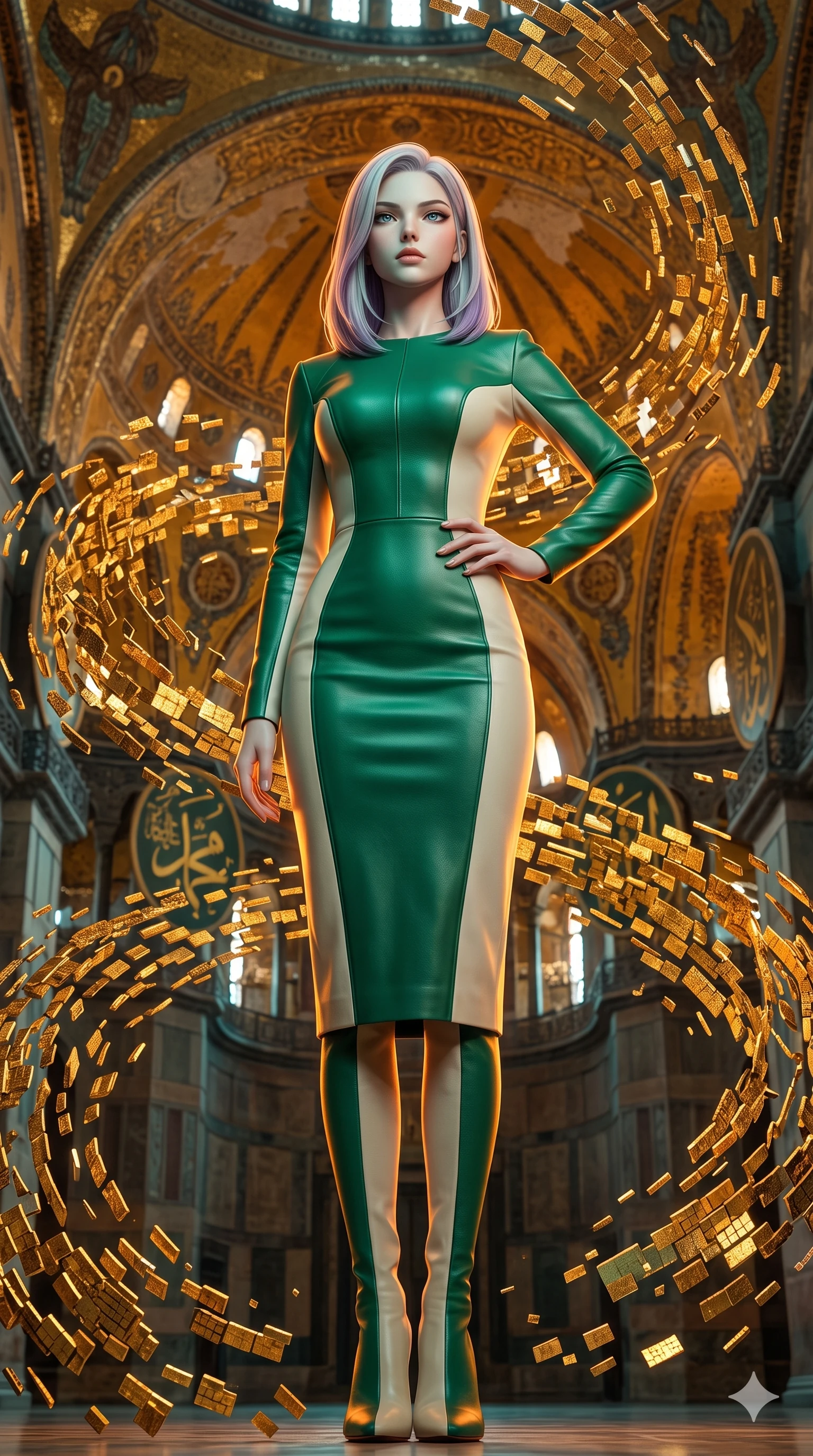 score_9, masterpiece, best quality, ultra-detailed, high-budget anime keyframe, editorial fashion photography, tasteful artistic composition, Caucasian woman, strictly human ears. low angle full-body shot from head to toe showing her feet, filling the entire 9:16 vertical frame with her statuesque presence, stretching her vertical silhouette. striking a commanding pose within a grand Byzantine hall where millions of golden mosaic tiles detach from the walls and ceiling to float and rearrange themselves into new sacred patterns mid-air shimmering with metallic luster. She has a statuesque 8.5-heads proportion, an exceptionally tall, slender and willowy model-like build with impossibly long legs and a highly sculpted ultra-slim waist. sharp v-shaped jawline, high-bridge nose, intricate jewel-like eyes with depth, thick eyelashes, glossy lips with a natural sheen. wearing a fitted pencil dress in color-blocked emerald green and cream leather, contouring her athletic, slender build with precision topstitching. warm amber rim lighting combined with cool teal fill light creating dramatic contrast. 2k, ultra detail, master piece, 9:16 ratio