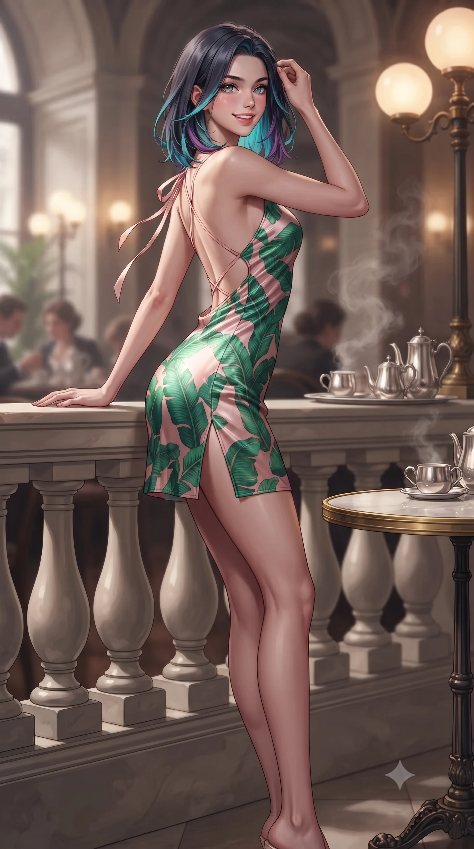 score_9, masterpiece, best quality, ultra-detailed, high-budget anime keyframe, editorial fashion photography, tasteful artistic composition, Caucasian woman. low angle full-body shot from head to toe showing her feet, filling the entire 9:16 vertical frame with her statuesque presence, stretching her vertical silhouette. leaning deep against the balcony balustrade with hips cocked back in an unapologetically alluring high-fashion stance, casting an intoxicating glance while twisting her slender torso in an alluring S-curve beside the round brass-rimmed Thonet table, warm globe lamp light tracing her curves and flat midriff. The background shows a soft-focus gentle rising steam from silver coffee services softened in historic Viennese grand café shallow focus. She has an exceptionally tall and slender model-like 8.5-heads proportion, an ultra-slim waist, a flat toned midriff, narrow delicate ribcage, and beautifully sculpted feminine hips creating a graceful, slim hourglass silhouette without any bulky heaviness, with impossibly long slender legs. sharp v-shaped jawline, high-bridge nose, intricate jewel-like sparkling eyes with depth, thick eyelashes, glossy parted lips with a natural peach sheen, bright cheerful beaming smile with an enchanting and coquettish sensual glint, exuding both youthful cute charm and seductive allure, flawlessly proportioned anatomical accuracy, strict slender model proportions, natural body alignment, perfectly sculpted long slender limbs, ultra-slim waistline, clean dynamic posture without body distortion. wearing a backless liquid lamé mini dress with criss-cross spinal straps and daring side slit in Beverly Hills vintage banana-leaf emerald and blush pink, crafted from fluid liquid silk satin that clings smoothly to her narrow waist and rounded hips with a dewy sheen, finished with satin ribbon ties at the shoulders fluttering in the gentle breeze, the high-slit wrap tailoring accentuating her ultra-slim waistline and the enchanting curve of her feminine hips with alluring seductive charm. illuminated by polished marble reflection fill and sharp copper-gold rim lights defining her razor-sharp jawline, narrow waist, and curvy hips. ultra-reflective glossy finish, specular highlights, rich textural contrasts, high-contrast stereoscopic depth, volumetric dynamic lighting, 2k, ultra detail, master piece, 9:16 ratio