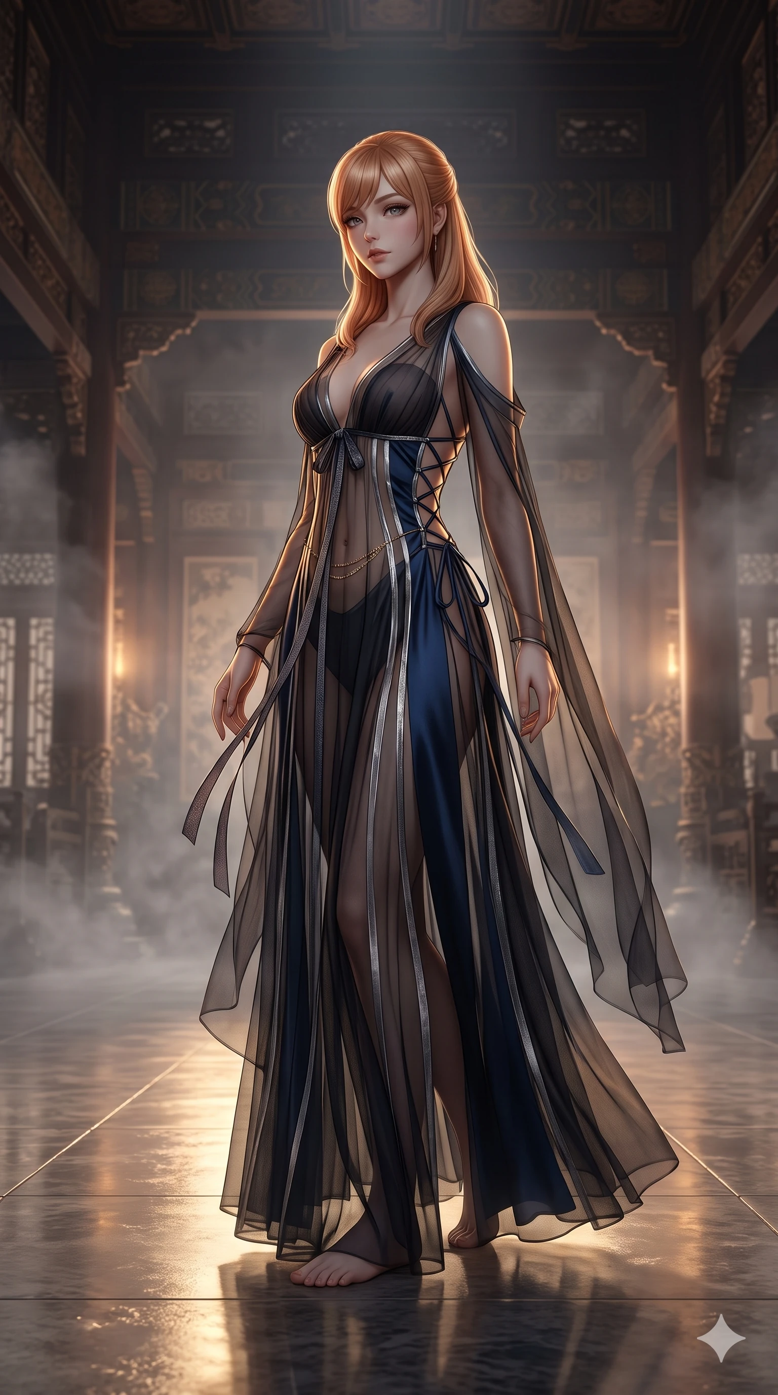 score_9, masterpiece, best quality, ultra-detailed, high-budget anime keyframe, editorial fashion photography, tasteful artistic composition, Caucasian woman. low angle full-body shot from head to toe showing her feet, filling the entire 9:16 vertical frame with her statuesque presence, stretching her vertical silhouette. reclining on her side in an elegant Cleopatra pose with one knee drawn up, the dramatic contour of her rounded hips and long slender legs commanding the 9:16 vertical frame while walking slowly through the fragrant misty hall with feline poise, her long slender legs and curvy hips commanding the sacred atmosphere. The surrounding environment is rendered in vivid detail and crisp panoramic clarity: detailed sheer dark chiffon gown drape, structured bodice silhouette, and imperial palace architecture in razor-sharp clarity. She has an absolutely perfect, statuesque 8.5-heads proportion, an exceptionally tall and slender model-like female figure with impossibly long slender legs, an ultra-slim waist, a flat toned midriff, narrow delicate ribcage, and beautifully sculpted feminine hips creating a graceful, slim hourglass silhouette without any bulky heaviness. sharp v-shaped jawline, high-bridge nose, sparkling eyes with hypnotic seductive depth, thick curled eyelashes, glossy parted lips with a natural dewy peach sheen, alluring bedroom-eyes with an enchanting coquettish smile, exuding magnetic siren charisma and sophisticated glamour, flawlessly proportioned anatomical accuracy, strict slender model proportions, natural body alignment, perfectly sculpted long slender limbs, ultra-slim waistline, clean dynamic posture without body distortion. wearing a plunge-front sheer illusion tulle slip dress with liquid platinum ribbon stripes and silk otgoreum ties hugging her curves in metallic liquid silver and deep sapphire navy, featuring fine criss-cross lace-up side ties revealing tantalizing glimpses of her hip curve, finished with a dainty gold belly chain resting across her flat midriff and curving hips, the form-fitting cut adhering flawlessly to her sculpted flat midriff and slender torso, emphasizing her long leg lines and perfectly proportioned willowy build. illuminated by polished floor bounce and sharp amber-bronze rim lights defining her razor-sharp jawline, narrow waist, and curvy hips. ultra-reflective glossy finish, specular highlights, rich textural contrasts, high-contrast stereoscopic depth, volumetric dynamic lighting, 2k, ultra detail, master piece, 9:16 ratio