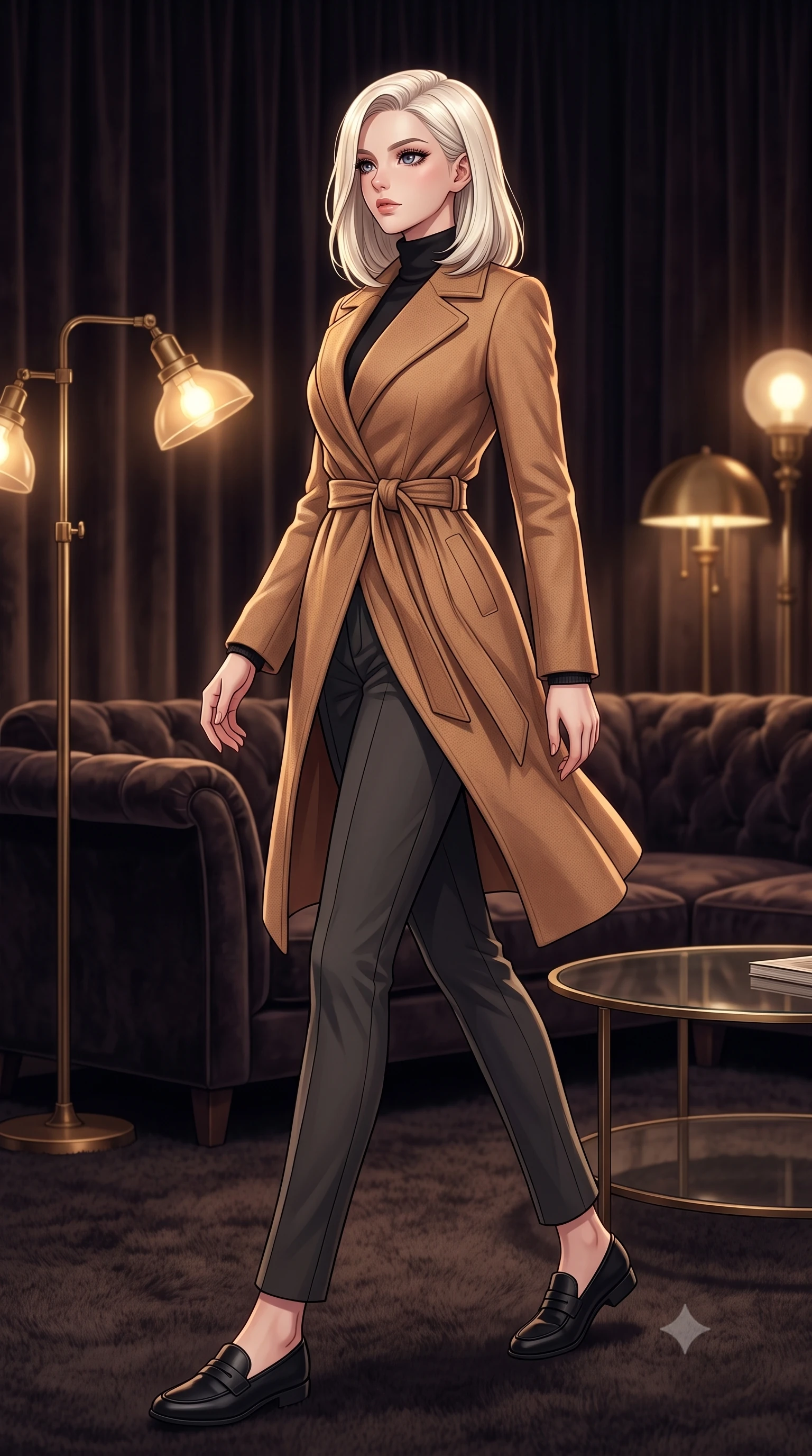 score_9, masterpiece, best quality, ultra-detailed, high-budget anime keyframe, tasteful artistic composition, Caucasian woman. low angle full-body shot from head to toe showing her feet, filling the entire 9:16 vertical frame with her statuesque presence, stretching her vertical silhouette. stepping gracefully while looking back over her shoulder, her dress draped tightly to reveal her silhouette the background shows a soft-focus a dark velvet lounge corner with vintage lamps and a round glass coffee table. She has an absolutely perfect, statuesque 8.5-heads proportion, an exceptionally tall and slender model-like female figure with impossibly long slender legs and an ultra-slim waist. sharp v-shaped jawline, high-bridge nose, intricate jewel-like eyes with depth, thick eyelashes, glossy lips with a natural sheen. wearing a slim-fit warm camel-colored wrap coat over a black turtleneck sweater and charcoal slacks. low-contrast warm ambient glow creating a calm and relaxed mood. highly saturated vibrant anime colors, cel-shading, 2d style, master piece, 9:16 ratio