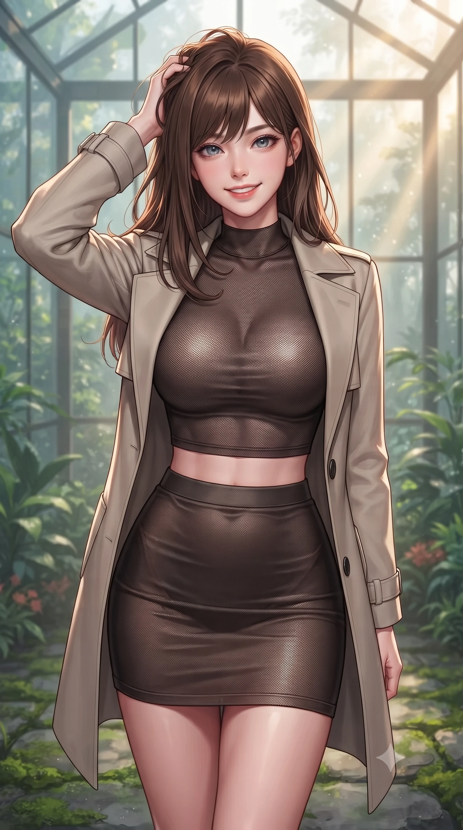 score_9, masterpiece, best quality, ultra-detailed, high-budget anime keyframe, editorial fashion photography, tasteful artistic composition, Korean woman. close-up cowboy shot from the waist and thighs up, the character dominates the composition, filling the frame with her large presence, background elements kept in soft focus. smiling with quiet, magnetic self-assurance directly into the camera, running a hand through her hair the background shows a soft-focus an indoor botanical sanctuary with glass walls facing a misty rainforest at dawn. She has an exceptionally elegant, slender, and willowy female figure with an ultra-slim waist, a gracefully sculpted slender torso, and a refined silhouette. sharp v-shaped jawline, high-bridge nose, intricate jewel-like eyes with depth, thick eyelashes, glossy lips with a natural sheen. wearing a body-hugging semi-opaque dark mesh crop top paired with a mini skirt, layered with a tailored light trench coat. soft morning fog diffusing golden sunbeams into volumetric light rays. highly saturated vibrant anime colors, detailed shading with soft gradients, rich glossy textures, high-contrast stereoscopic depth, volumetric dynamic lighting, master piece, 9:16 ratio