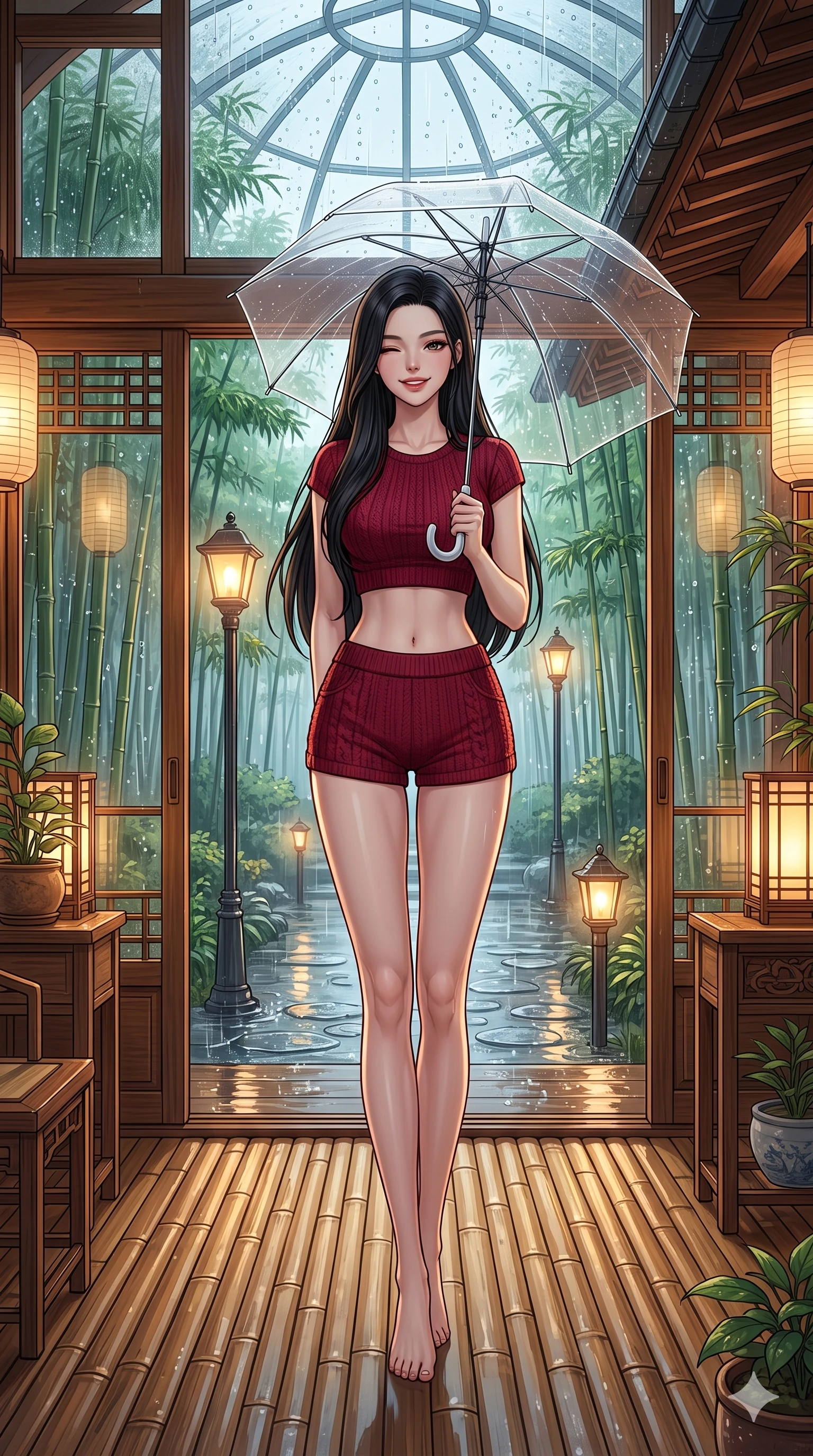 score_9, masterpiece, best quality, ultra-detailed, high-budget anime keyframe, vibrant anime aesthetic, Korean woman. low angle full-body shot from head to toe showing her feet, filling the entire 9:16 vertical frame with her statuesque presence, stretching her vertical silhouette. She is standing under a clear umbrella, winking playfully with a delightful smile, looking directly into the lens under the glass conservatory dome. inside a warm, wood-paneled tea house veranda with large sliding glass doors facing a rain-swept bamboo garden (Code-P22-041). She has an absolutely perfect 8-heads proportion, an exceptionally tall and slender female figure with impossibly long slender legs and an ultra-slim waist. V-shaped jawline, high-bridge nose, intricate jewel-like eyes with depth, thick eyelashes, glossy lips with a natural sheen. wearing a cropped knit top paired with matching knit shorts in deep crimson. She is illuminated by warm gaslight street lamps, casting soft reflections on wet pavements, outlining her perfect 8-heads proportion in the cozy indoor garden. 2k, ultra detail, master piece, 9:16 ratio
