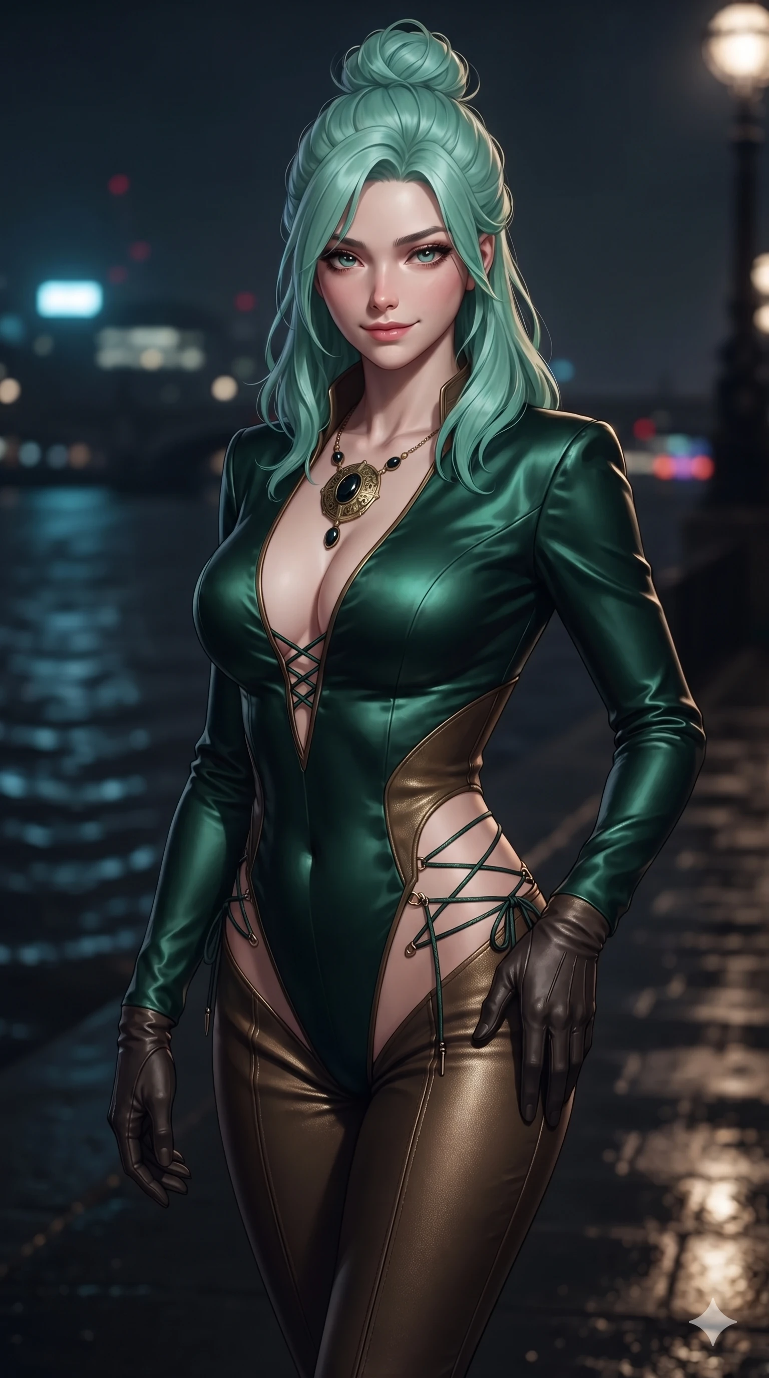 score_9, masterpiece, best quality, ultra-detailed, high-budget anime keyframe, editorial fashion photography, tasteful artistic composition, Japanese woman. close-up cowboy shot from the waist and thighs up, the character dominates the composition, filling the frame with her large presence. tilting her head with a teasing half-smile, running one hand slowly down the side of her hip in a flirtatious S-curve as ambient neon caresses her silhouette while walking slowly along the wet Thames riverbank with hypnotic grace, hips swaying in an alluring sensual rhythm that accentuates her curvy hourglass silhouette. The background shows a soft-focus rippling dark Thames river water and distant London South Bank lights softened in moody riverfront shallow focus. She has an exceptionally elegant, slender, and willowy female figure with an ultra-slim waist, flat toned midriff, narrow ribcage, and sculpted feminine hips creating an alluring, slim hourglass silhouette without bulk. sharp v-shaped jawline, high-bridge nose, intricate jewel-like dark sparkling eyes with dangerous depth, thick curled eyelashes, glossy parted lips with a rich wine sheen, smoldering seductive half-smile with bedroom-eyes, exuding effortless superiority and intoxicating dark allure, flawlessly proportioned anatomical accuracy, strict slender model proportions, natural body alignment, perfectly sculpted long slender limbs, ultra-slim waistline, clean dynamic posture without body distortion. wearing a low-slung cutaway leather bodysuit with bare hip flanks and criss-cross cord ties in dark emerald green and brushed antique bronze, tailored from smooth liquid silk satin that clings smoothly to her narrow waist and rounded hips with a dewy sheen, finished with an authentic engraved gold medallion and obsidian cabochons, the glove-like silhouette tightly following the natural contour of her hips and long slender legs with youthful 8.5-heads elegance. illuminated by wet asphalt street bounce and sharp amber-topaz rim lights defining her razor-sharp jawline, narrow waist, and curvy hips. ultra-reflective glossy finish, specular highlights, rich textural contrasts, high-contrast stereoscopic depth, volumetric dynamic lighting, 2k, ultra detail, master piece, 9:16 ratio