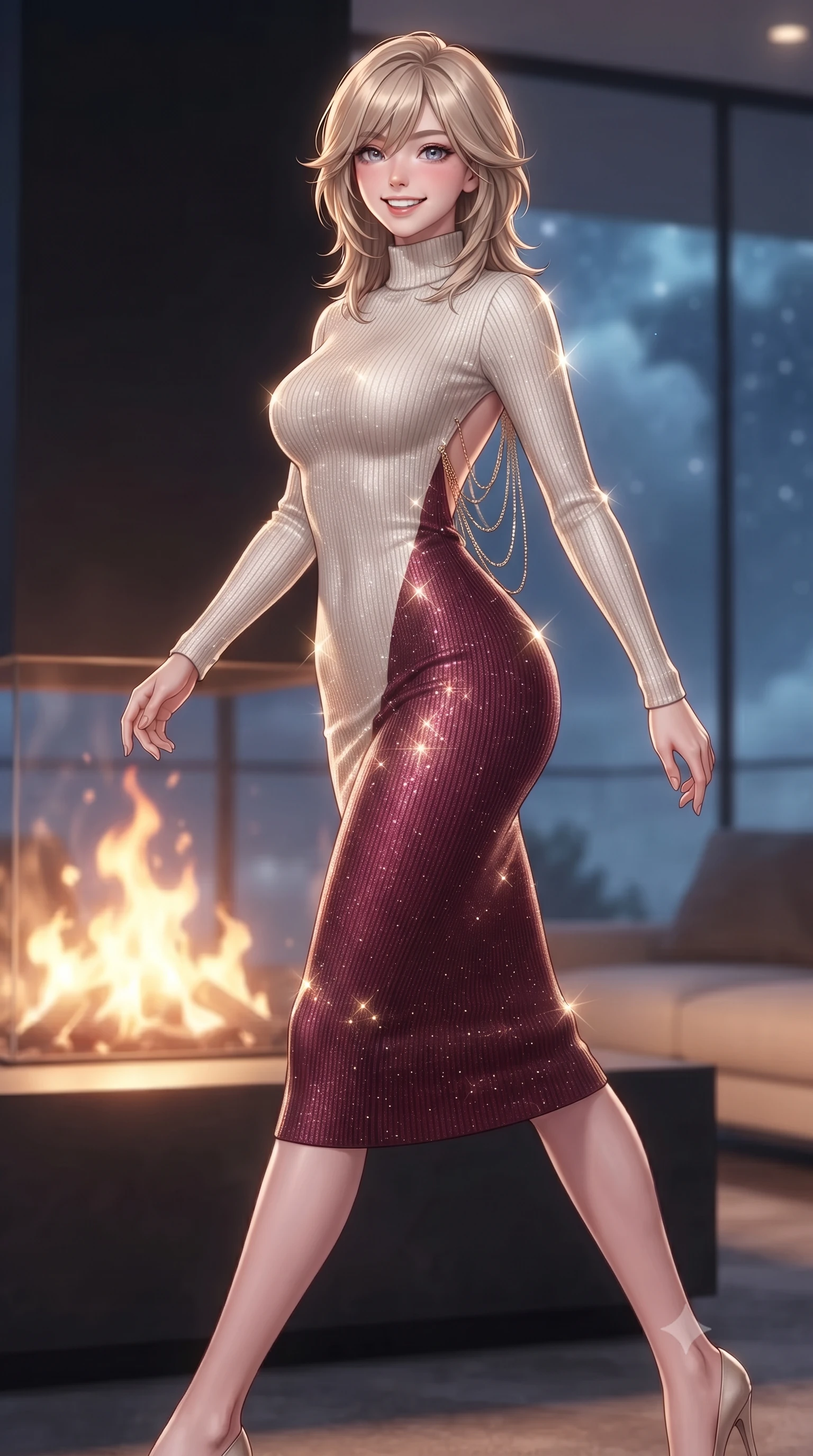 score_9, masterpiece, best quality, ultra-detailed, high-budget anime keyframe, editorial fashion photography, tasteful artistic composition, Japanese woman. low angle full-body shot from head to toe showing her feet, filling the entire 9:16 vertical frame with her statuesque presence, stretching her vertical silhouette. stepping forward in a confident stride, her long slender legs and curvaceous hips creating a dynamic, sweeping vertical line while twisting her slender torso in an alluring contrapposto stance beside the interior fire pit, glowing flames tracing her flat midriff and hips. The background shows a soft-focus dancing indoor fireplace flames softened in world-wonder sky penthouse shallow focus. She has an exceptionally tall and slender model-like 8.5-heads proportion, an ultra-slim waist, a flat toned midriff, narrow delicate ribcage, and beautifully sculpted feminine hips creating a graceful, slim hourglass silhouette without any bulky heaviness, with impossibly long slender legs. sharp v-shaped jawline, high-bridge nose, intricate jewel-like sparkling eyes with depth, thick eyelashes, glossy parted lips with a natural peach sheen, bright cheerful beaming smile with an enchanting and coquettish sensual glint, exuding both youthful cute charm and seductive allure, flawlessly proportioned anatomical accuracy, strict slender model proportions, natural body alignment, perfectly sculpted long slender limbs, ultra-slim waistline, clean dynamic posture without body distortion. wearing an ultra-sleek Florentine second-skin ribbed knit turtleneck midi dress hugging every millimeter of her hourglass frame in Belvedere ivory pearl and Habsburg bordeaux wine, woven from stretch metallic lurex jersey casting radiant starlight glints across her curves, accented with an open-back drape framed by falling strands of delicate gold chains, the form-contouring silhouette accentuating her sculpted flat midriff, narrow delicate ribcage, and gracefully curvy hips with intoxicating allure. bathed in warm 2300K indoor hearth firelight contrasted with cool 6000K midnight cloud mist and starlight through glass. ultra-reflective glossy finish, specular highlights, rich textural contrasts, high-contrast stereoscopic depth, volumetric dynamic lighting, 2k, ultra detail, master piece, 9:16 ratio