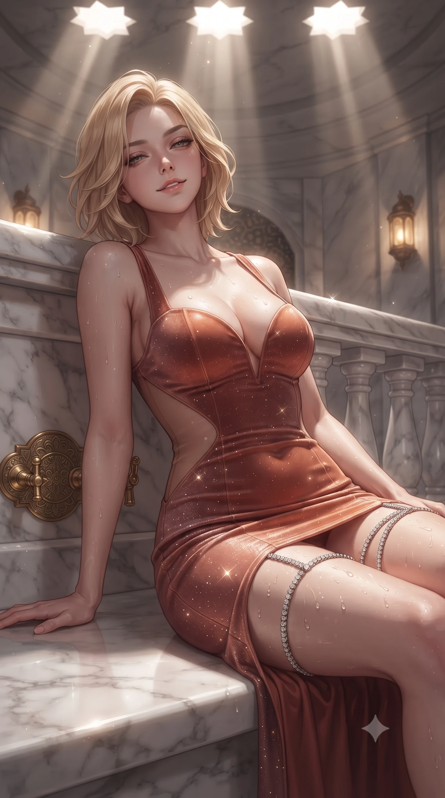 score_9, masterpiece, best quality, ultra-detailed, high-budget anime keyframe, editorial fashion photography, tasteful artistic composition, Caucasian woman. close-up cowboy shot from the waist and thighs up, the character dominates the composition, filling the frame with her large presence. leaning back against the balustrade with relaxed seductive grace, head tilted back slightly while casting a hypnotic, heavy-lidded gaze while lounging gracefully across the heated marble bench propped on one hand, her statuesque 8.5-heads silhouette radiating intimate oriental wellness indulgence. The surrounding environment is rendered in vivid detail and crisp panoramic clarity: sharp hand-polished Carrara marble slab textures, intricate brass water tap engravings, and glistening water droplets on dewy skin in deep focus. She has an exceptionally elegant, slender, and willowy female figure with an ultra-slim waist, flat toned midriff, narrow ribcage, and sculpted feminine hips creating an alluring, slim hourglass silhouette without bulk. sharp v-shaped jawline, high-bridge nose, sparkling eyes with hypnotic seductive depth, thick curled eyelashes, glossy parted lips with a natural dewy peach sheen, alluring bedroom-eyes with an enchanting coquettish smile, exuding magnetic siren charisma and sophisticated glamour, flawlessly proportioned anatomical accuracy, strict slender model proportions, natural body alignment, perfectly sculpted long slender limbs, ultra-slim waistline, clean dynamic posture without body distortion. wearing a deep sweetheart-neckline velvet bodycon dress with sheer side-torso cutouts accentuating her hourglass curves in Atlas terracotta and desert rose gold, woven from stretch metallic lurex jersey casting radiant starlight glints across her silhouette, finished with delicate crystal-encrusted thigh garter straps glinting in the dim light, the precision-cut side openings and low-back scoop framing her graceful spine and the sensual sweep of her slim, toned hips. bathed in ethereal light shafts streaming downward through star-shaped ceiling penetrations combined with warm lantern uplights. ultra-reflective glossy finish, specular highlights, rich textural contrasts, high-contrast stereoscopic depth, volumetric dynamic lighting, 2k, ultra detail, master piece, 9:16 ratio