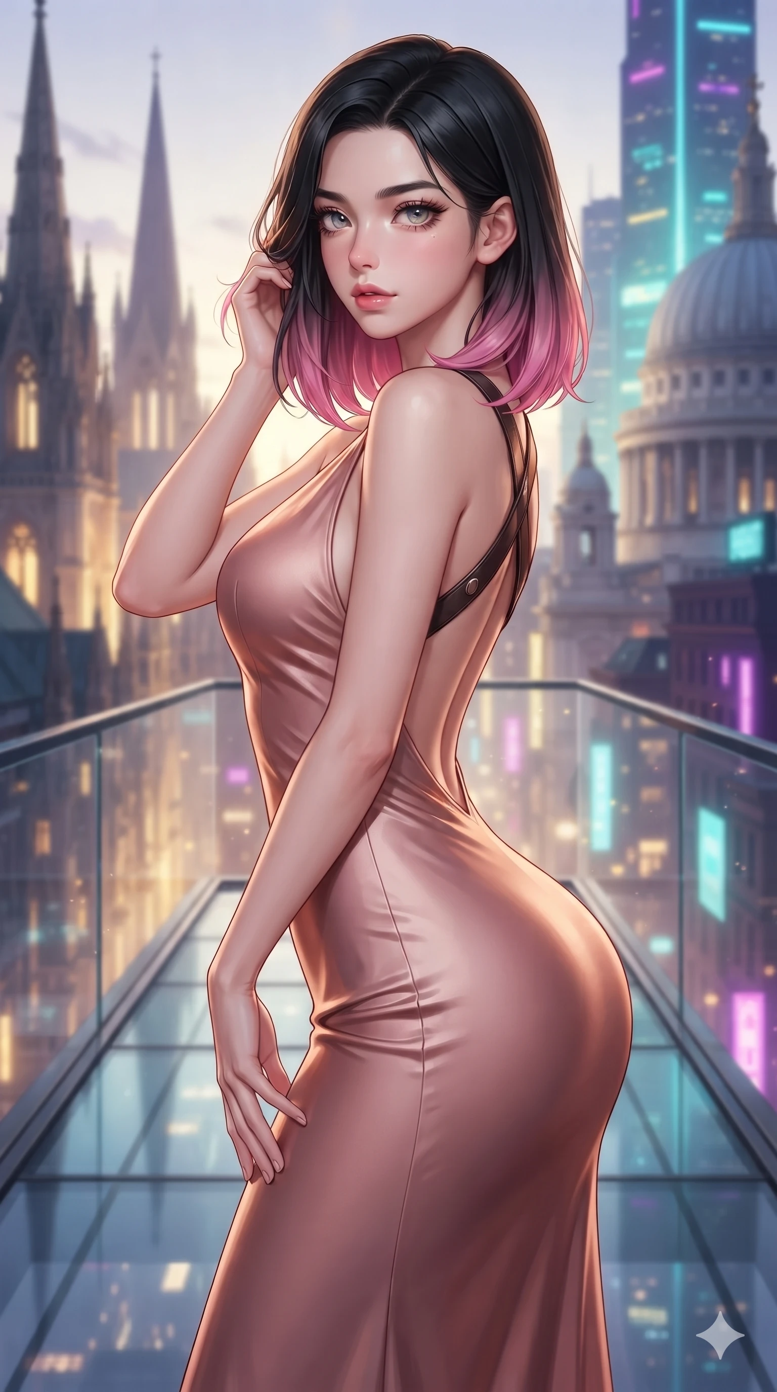 score_9, masterpiece, best quality, ultra-detailed, high-budget anime keyframe, editorial fashion photography, tasteful artistic composition, Korean woman. close-up cowboy shot from the waist and thighs up, the character dominates the composition, filling the frame with her large presence. gently brushing a lock of hair behind her ear while casting a playful, flirtatious side-gaze with long eyelashes while standing poised at the midpoint of the glass skybridge, arching her lower back with sovereign supermodel grace as high-altitude breezes whip her silk dress open. The background shows a soft-focus gothic spires and neoclassical domes blending into soaring cyberpunk neon skyscrapers thousands of meters below blurred into gold, cyan, and deep violet bokeh. She has an exceptionally elegant, slender, and willowy female figure with an ultra-slim waist, flat toned midriff, narrow ribcage, and sculpted feminine hips creating an alluring, slim hourglass silhouette without bulk. sharp v-shaped jawline, high-bridge nose, intricate jewel-like sparkling eyes with depth, thick eyelashes, glossy parted lips with a natural sheen, intensely captivating and seductive bedroom-eyes expression, exuding both youthful cute charm and sovereign luxury allure, flawlessly proportioned anatomical accuracy, strict slender model proportions, natural body alignment, perfectly sculpted long slender limbs, ultra-slim waistline, clean dynamic posture without body distortion. wearing a form-fitting liquid mercury jersey evening dress clinging smoothly to her narrow waist and rounded hips in rose-quartz blush and burnished copper, tailored from heavy double-faced silk georgette with an exceptionally fluid drape, featuring an open-back criss-cross harness strap in dark leather, the liquid-tight tailored fabric clinging flawlessly to her narrow waist and rounded feminine hips, emphasizing every millimeter of her sculpted slim hourglass curves without any bulky heaviness. illuminated by glass floor bounce and sharp gold-cyan rim lights defining her razor-sharp jawline, narrow waist, and curvy hips. ultra-reflective glossy finish, specular highlights, rich textural contrasts, high-contrast stereoscopic depth, volumetric dynamic lighting, 2k, ultra detail, master piece, 9:16 ratio
