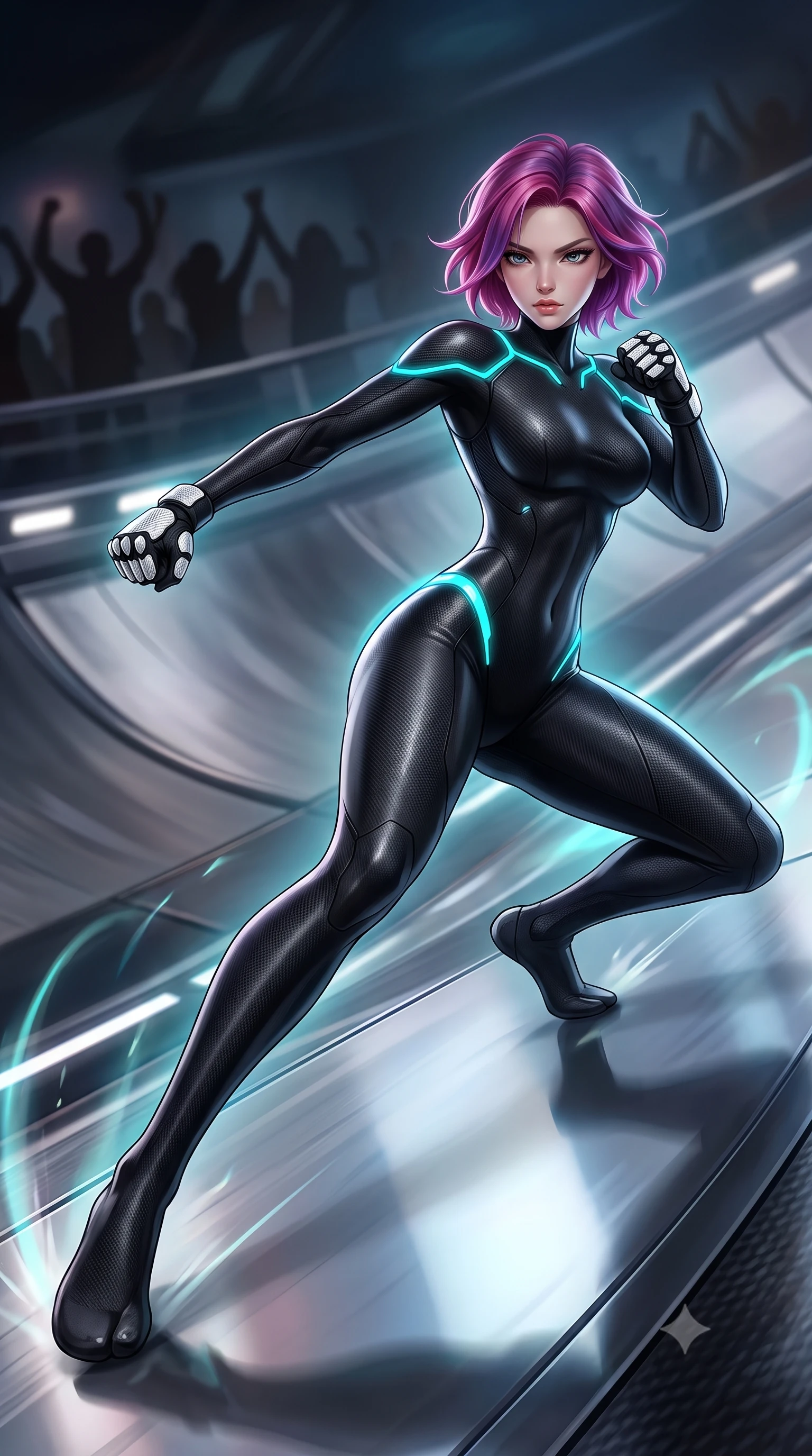score_9, masterpiece, best quality, ultra-detailed, high-budget anime keyframe, semi-realistic 3D game render, editorial fashion photography, tasteful artistic composition, Caucasian woman. low angle full-body shot from head to toe showing her feet, filling the entire 9:16 vertical frame with her statuesque presence, stretching her vertical silhouette. pivoting dynamically in a high-speed low sweep kick along the reflective floor, her athletic torso and ultra-slim waist twisting in a fluid arc of power while sliding along the banked track with effortless poise, her long slender legs extended in an agile low-profile drift. The composition keeps background elements in soft focus with creamy bokeh. banked steel track curves and cheering spectator silhouettes softened in moody shallow focus. She has an absolutely perfect, statuesque 8.5-heads proportion, an exceptionally tall and slender model-like female figure with impossibly long slender legs, a toned flat midriff, and an ultra-slim waist. sharp v-shaped jawline, high-bridge nose, intricate jewel-like eyes with depth, thick eyelashes, glossy lips with a natural sheen, flawlessly proportioned anatomical accuracy, strict slender model proportions, natural body alignment, perfectly sculpted long slender limbs, ultra-slim waistline, clean dynamic posture without body distortion. wearing a high-mobility matte-black carbon-fiber combat bodysuit with glowing neon cyan kinetic conduits and Damascus-textured knuckle guards in monochrome white enamel carbon with high-contrast black panels, tailored from flexible second-skin carbon-mesh that clings flawlessly to her athletic curves, accented with glowing fiber-optic conduits tracing her collarbones and hip curves, the precision-cut daring openings accentuating her delicate midriff, graceful bare collarbones, and ultra-slim feminine waistline. surrounded by an exhilarating, fierce, and breathtakingly stylish cyborg-warrior champion aura. rich saturated anime colors with glowing neon highlights, detailed shading with soft gradients, rich glossy textures, high-contrast stereoscopic depth, volumetric dynamic lighting, master piece, 9:16 ratio