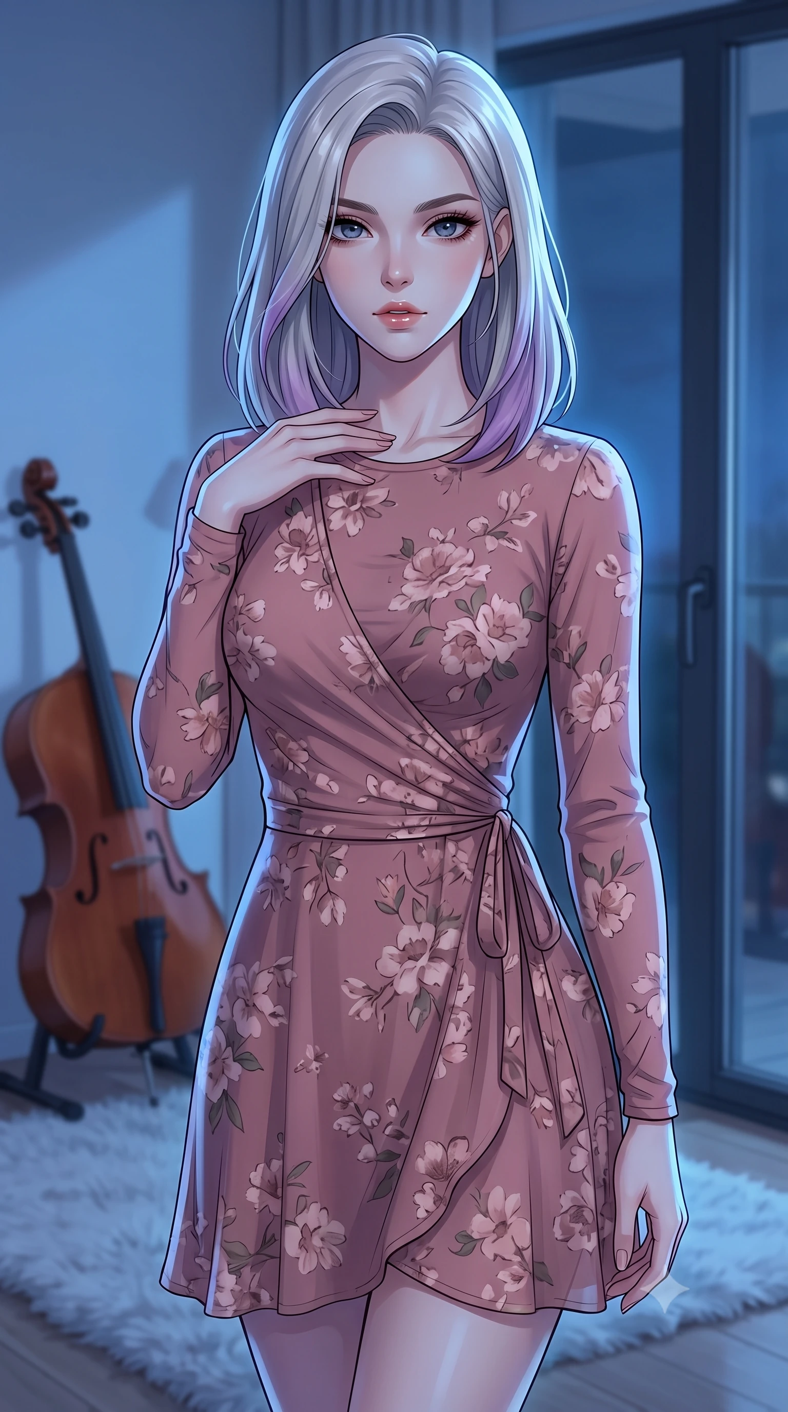 score_9, masterpiece, best quality, ultra-detailed, high-budget anime keyframe, tasteful artistic composition, Caucasian woman. close-up cowboy shot from the waist and thighs up, the character dominates the composition, filling the frame with her large presence, background elements kept in soft focus. standing with one hand resting on her collarbone, looking at the viewer with bedroom-eyes the background shows a soft-focus a modern minimal studio with a cello resting on a plush rug near a glass door. She has an exceptionally elegant, slender, and willowy female figure with an ultra-slim waist, a gracefully sculpted slender torso, and a refined silhouette. sharp v-shaped jawline, high-bridge nose, intricate jewel-like eyes with depth, thick eyelashes, glossy lips with a natural sheen. wearing a body-hugging flowy floral-patterned wrap dress in dusty rose chiffon with long sleeves and a modest crew neck. cool blue twilight sky glow casting cool highlights on her form. highly saturated vibrant anime colors, cel-shading, 2d style, master piece, 9:16 ratio