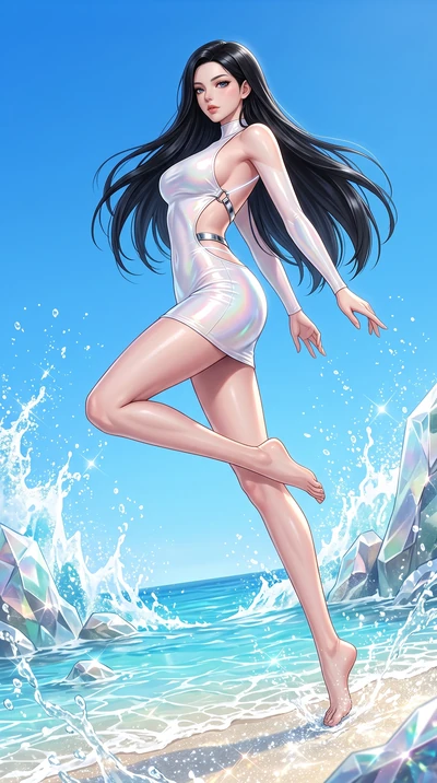 score_9, masterpiece, best quality, ultra-detailed, high-budget anime keyframe, semi-realistic 3D game render, editorial fashion photography, tasteful artistic composition, Korean woman. low angle full-body shot from head to toe showing her feet, fil