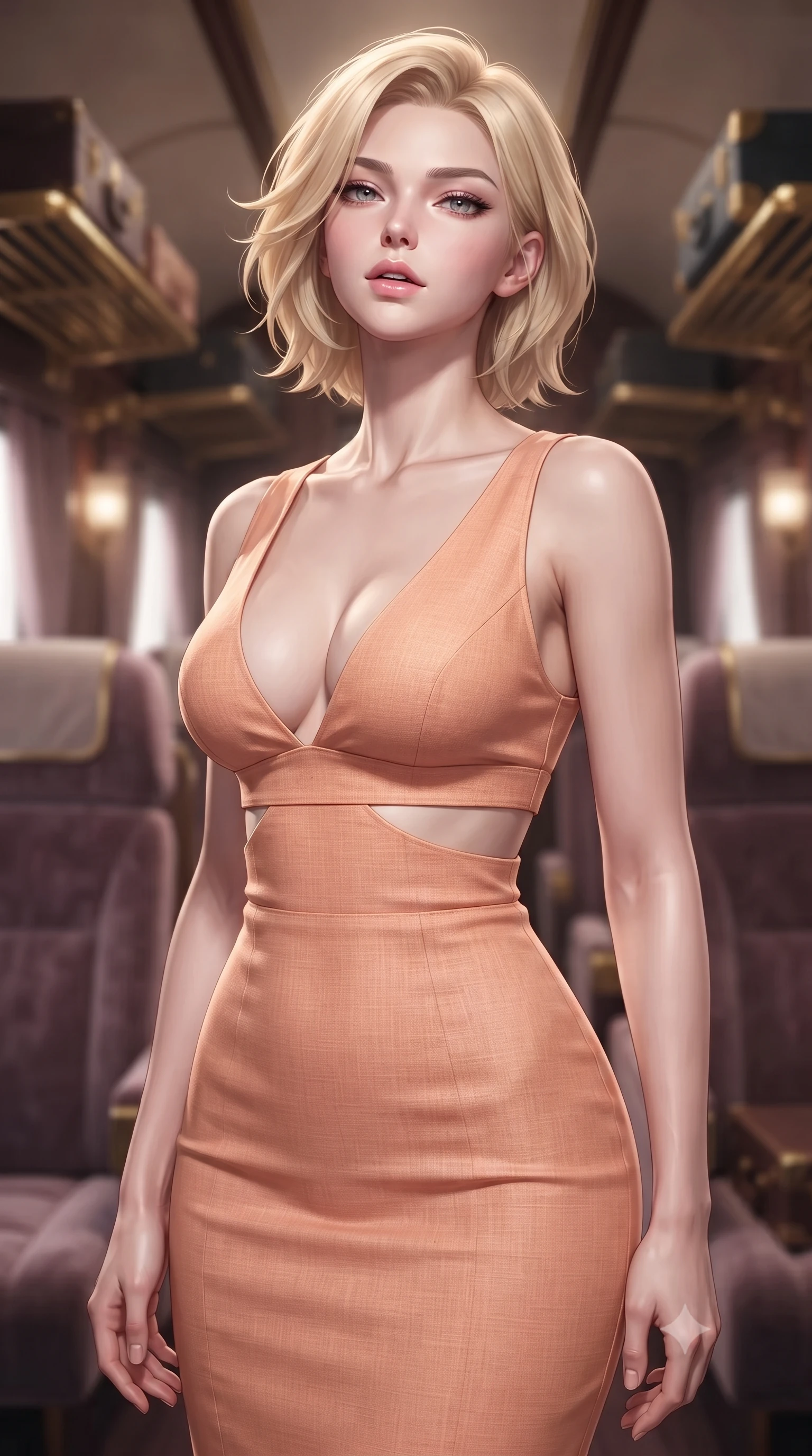 score_9, masterpiece, best quality, ultra-detailed, high-budget anime keyframe, editorial fashion photography, tasteful artistic composition, Caucasian woman. close-up cowboy shot from the waist and thighs up, the character dominates the composition, filling the frame with her large presence, background elements kept in soft focus. tilting her chin up slightly with lips parted in a composed, provocative expression the background shows a soft-focus a private compartment with plush velvet seats and gold-trimmed luggage racks. She has an exceptionally elegant, slender, and willowy female figure with an ultra-slim waist, a gracefully sculpted slender torso, and a refined silhouette. sharp v-shaped jawline, high-bridge nose, intricate jewel-like eyes with depth, thick eyelashes, glossy lips with a natural sheen. wearing a form-contouring summer sundress with double waist cutouts and a plunging neckline in peach linen. soft spotlighting highlighting the detailed fabrics of her outfit. ultra-reflective glossy finish, specular highlights, metallic sheen, high-contrast stereoscopic depth, volumetric dynamic lighting, 2k, ultra detail, master piece, 9:16 ratio