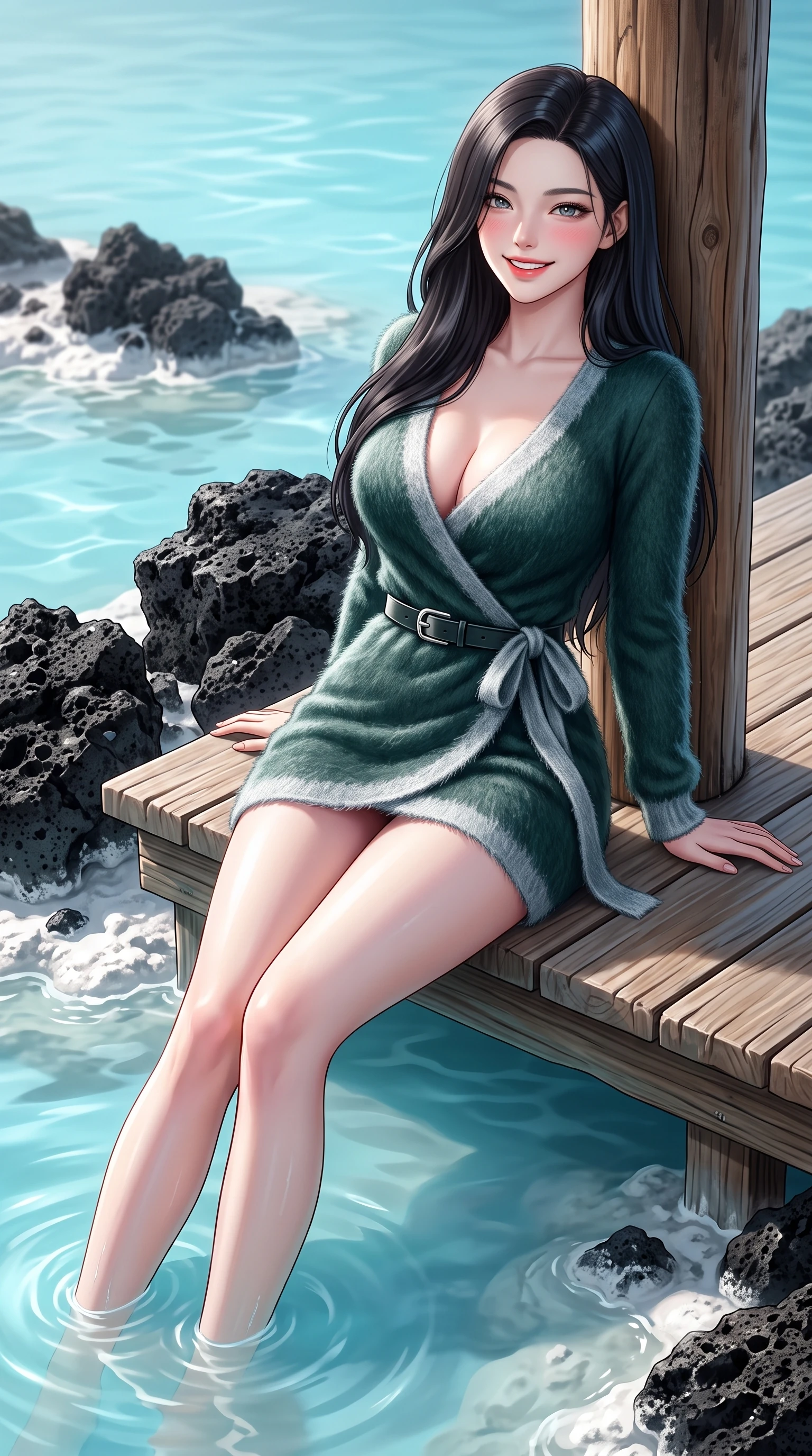 score_9, masterpiece, best quality, ultra-detailed, high-budget anime keyframe, semi-realistic 3D game render, editorial fashion photography, tasteful artistic composition, Korean woman. close-up cowboy shot from the waist and thighs up, the character dominates the composition, filling the frame with her large presence. leaning back against the cedar log pillar with relaxed seductive grace, her flat midriff and narrow waist highlighted as winter sunlight traces her curves while resting on the wooden lagoon boardwalk with legs dipping into the warm water, her long slender limbs and hourglass silhouette radiating allure. The surrounding environment is rendered in vivid detail and crisp panoramic clarity. sharp porous black basalt rock texture, white silica mineral mud deposits, and silky cyan water ripple clarity in deep focus. She has an exceptionally elegant, slender, and willowy female figure with an ultra-slim waist, flat toned midriff, narrow ribcage, and sculpted feminine hips creating an alluring, slim hourglass silhouette without bulk. sharp v-shaped jawline, high-bridge nose, sparkling ice-crystal eyes with depth, frosty thick lashes, glossy parted lips with a rosy berry sheen, bright playful smile with an intoxicating seductive glint, rosy flushed cheeks radiating cozy warmth and dangerous allure, flawlessly proportioned anatomical accuracy, strict slender model proportions, natural body alignment, perfectly sculpted long slender limbs, ultra-slim waistline, clean dynamic posture without body distortion. wearing a deep V-neck cashmere wrap mini dress with a tie-waist accentuating her flat midriff and hips in deep spruce green and frosted silver, tailored from plush brushed mohair with delicate fuzzy halo texture, accented with a sleek leather belt with polished silver buckle cinching her narrow waist, the high-waisted tailoring accentuating her ultra-slim waistline and the enchanting curve of her feminine hips with alluring winter charm. illuminated by milky-cyan water bounce fill and sharp silver rim lights sculpting her razor-sharp jawline, narrow waist, and curvy hips. highly saturated vibrant anime colors, detailed shading with soft gradients, rich glossy textures, high-contrast stereoscopic depth, volumetric dynamic lighting, master piece, 9:16 ratio