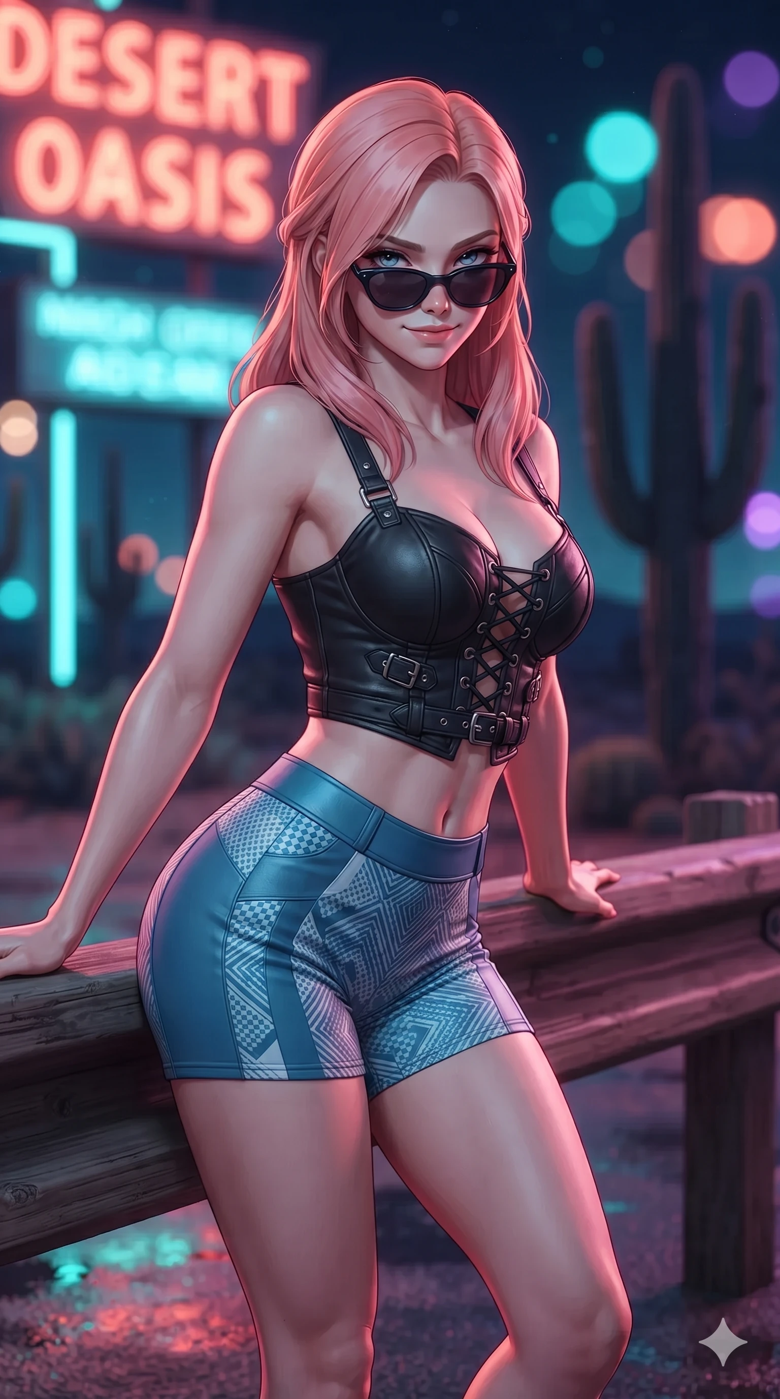 score_9, masterpiece, best quality, ultra-detailed, high-budget anime keyframe, editorial fashion photography, tasteful artistic composition, Japanese woman. close-up cowboy shot from the waist and thighs up, the character dominates the composition, filling the frame with her large presence. leaning against the timber guardrail with hips cocked back, looking through dark sunglasses with an alluring, confident half-smile while twisting her slender torso in an alluring contrapposto stance, shimmering pool water reflections and neon letters tracing her narrow waist and curvy hips. The background shows a soft-focus glowing neon motel sign letters, towering saguaro silhouettes, and motel balcony railings blurred into turquoise, coral, and violet bokeh. She has an exceptionally elegant, slender, and willowy female figure with an ultra-slim waist, flat toned midriff, narrow ribcage, and sculpted feminine hips creating an alluring, slim hourglass silhouette without bulk. sharp v-shaped jawline, high-bridge nose, sparkling eyes with hypnotic seductive depth, thick curled eyelashes, glossy parted lips with a natural dewy peach sheen, alluring bedroom-eyes with an enchanting coquettish smile, exuding magnetic siren charisma and sophisticated glamour, flawlessly proportioned anatomical accuracy, strict slender model proportions, natural body alignment, perfectly sculpted long slender limbs, ultra-slim waistline, clean dynamic posture without body distortion. wearing a sculpted matte leather crop bustier with lace-up front paired with tight low-slung moto-shorts in Mediterranean cerulean blue and optic white with coral trims, crafted from rugged heavy-duty canvas and oiled leather with authentic desert durability, finished with a delicate leather fringe trim fluttering along her hip line with kinetic charm, the glove-like clinging cut tightly following the natural contour of her hips and long slender legs with youthful 8.5-heads elegance. bathed in the vibrant, high-contrast neon glow of electric turquoise and hot-coral tubes reflecting dynamically off pool water and skin. ultra-reflective glossy finish, specular highlights, rich textural contrasts, high-contrast stereoscopic depth, volumetric dynamic lighting, 2k, ultra detail, master piece, 9:16 ratio
