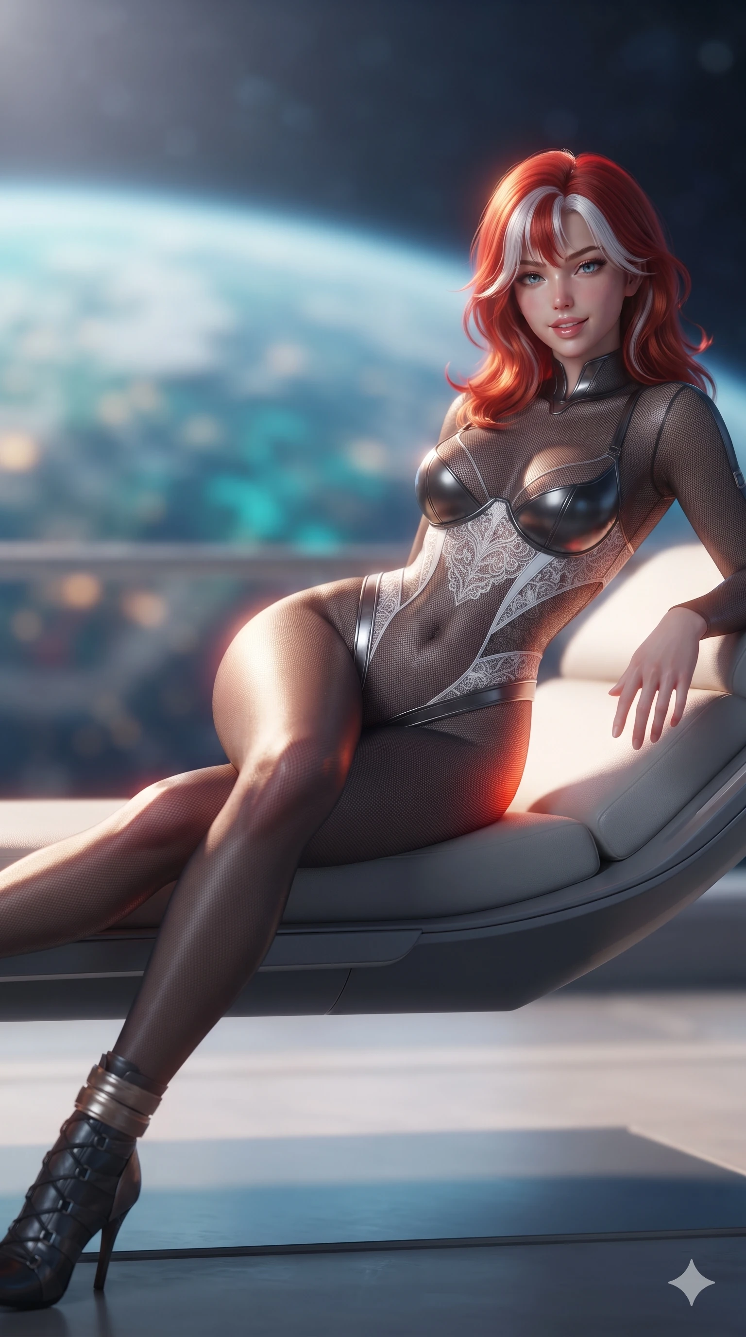 score_9, masterpiece, best quality, ultra-detailed, high-budget anime keyframe, editorial fashion photography, tasteful artistic composition, Caucasian woman. close-up cowboy shot from the waist and thighs up, the character dominates the composition, filling the frame with her large presence. twisting her slender torso in an alluring S-curve, dynamic rim light painting her narrow waist and curvy hips in fire while lounging gracefully on the cantilevered balcony daybed propped on one elbow with legs extended, displaying her statuesque 8.5-heads silhouette against the cosmos. The background shows a soft-focus orbital station ambient haze softened in high council balcony shallow focus. She has an exceptionally elegant, slender, and willowy female figure with an ultra-slim waist, flat toned midriff, narrow ribcage, and sculpted feminine hips creating an alluring, slim hourglass silhouette without bulk. sharp v-shaped jawline, high-bridge nose, intricate jewel-like sparkling eyes with depth, thick eyelashes, glossy parted lips with a natural sheen, bright confident smile with an enchanting and coquettish sensual glint, exuding both youthful magnetic charm and sovereign high-tech allure, flawlessly proportioned anatomical accuracy, strict slender model proportions, natural body alignment, perfectly sculpted long slender limbs, ultra-slim waistline, clean dynamic posture without body distortion. wearing a form-contouring semi-opaque dark mesh catsuit with carbon-plated cups and fine lace-pattern panels across her torso in pure alabaster white and brushed silver accents, woven from high-density tech-wool with subtle metallic thread weave, complemented by strappy stiletto combat boots with metallic ankle wraps accentuating her slender calves, the form-contouring cut accentuating her sculpted flat midriff, narrow delicate ribcage, and gracefully curvy hips with cybernetic supermodel precision. bathed in the glorious, unpolluted sapphire and turquoise radiance of the illuminated planet below mixed with subtle warm balcony accent lights. ultra-reflective glossy finish, specular highlights, rich textural contrasts, high-contrast stereoscopic depth, volumetric dynamic lighting, 2k, ultra detail, master piece, 9:16 ratio