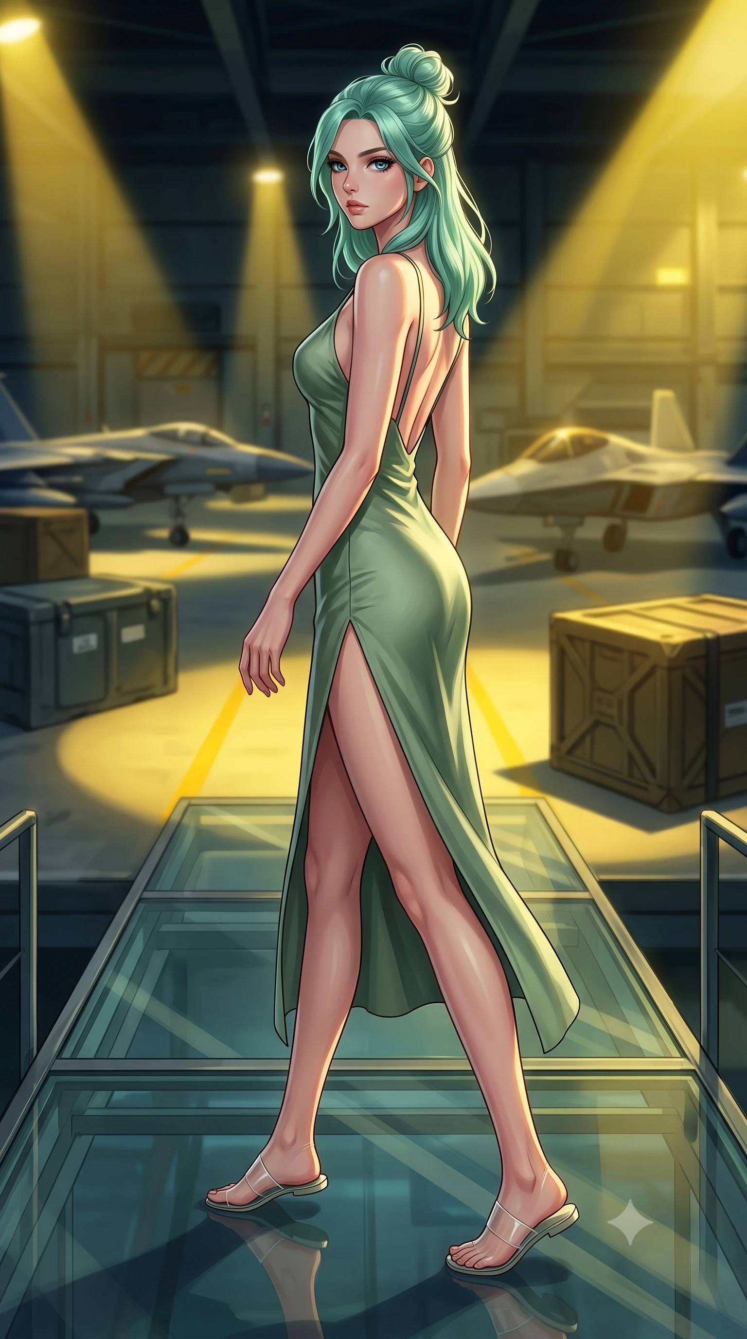 score_9, masterpiece, best quality, ultra-detailed, high-budget anime keyframe, editorial fashion photography, tasteful artistic composition, Japanese woman. low angle full-body shot from head to toe showing her feet, filling the entire 9:16 vertical frame with her statuesque presence, stretching her vertical silhouette. walking slowly along a glass skybridge, looking back over her shoulder with an air of effortless grace, the background shows a soft-focus a capsule hotel garage runway with parked fighter crafts and cargo crates. She has an absolutely perfect, statuesque 8.5-heads proportion, an exceptionally tall and slender model-like female figure with impossibly long slender legs and an ultra-slim waist. sharp v-shaped jawline, high-bridge nose, intricate jewel-like eyes with depth, thick eyelashes, glossy lips with a natural sheen. wearing a body-hugging lightweight silk combat slip dress in sage green, featuring a high side slit and a low-cut back. harsh sodium yellow spotlights casting dramatic industrial shadows. highly saturated vibrant anime colors, detailed shading with soft gradients, rich glossy textures, high-contrast stereoscopic depth, volumetric dynamic lighting, master piece, 9:16 ratio