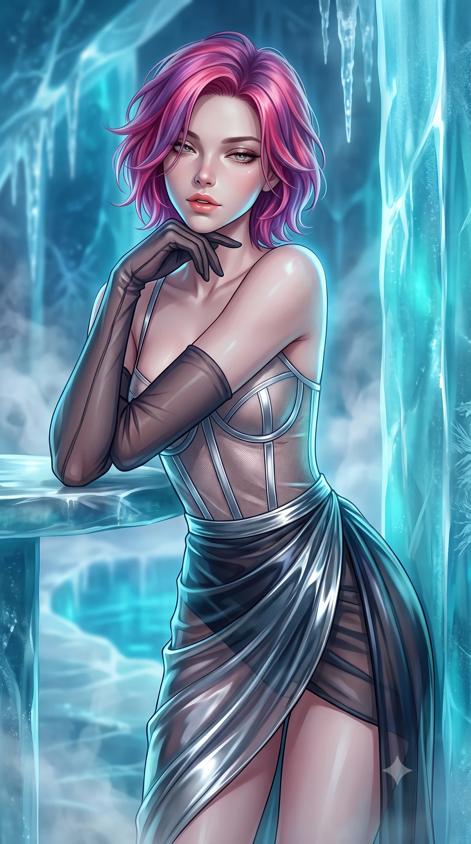 score_9, masterpiece, best quality, ultra-detailed, high-budget anime keyframe, editorial fashion photography, tasteful artistic composition, Caucasian woman. close-up cowboy shot from the waist and thighs up, the character dominates the composition, filling the frame with her large presence. resting one elbow on the table and supporting her chin, leaning close to the camera with heavy-lidded sparkling eyes and parted lips while leaning against the translucent turquoise ice wall with hips cocked back, looking through suspended icicles into the glowing blue ice depths with heavy-lidded bedroom-eyes. The background shows a soft-focus rising thermal mist softened in sub-glacial private thermal sanctuary shallow focus. She has an exceptionally elegant, slender, and willowy female figure with an ultra-slim waist, flat toned midriff, narrow ribcage, and sculpted feminine hips creating an alluring, slim hourglass silhouette without bulk. sharp v-shaped jawline, high-bridge nose, intricate jewel-like sparkling eyes with depth, thick eyelashes, glossy parted lips with a natural peach sheen, bright cheerful beaming smile with an enchanting and coquettish sensual glint, exuding both youthful cute charm and seductive allure, flawlessly proportioned anatomical accuracy, strict slender model proportions, natural body alignment, perfectly sculpted long slender limbs, ultra-slim waistline, clean dynamic posture without body distortion. wearing a provocative translucent mesh corset bodice with boned satin channels paired with a sheer chiffon wrap skirt in liquid mercury chrome and deep midnight obsidian, crafted from fluid liquid silk satin that clings smoothly to her narrow waist and rounded hips with a dewy sheen, complemented by sheer opera-length evening gloves tracing her slender arms, the bespoke structured tailoring following the natural line of her 8.5-heads silhouette with refined elegance. illuminated by pool surface reflection bounce and sharp ice-blue rim lights sculpting her razor-sharp jawline, narrow waist, and curvy hips. ultra-reflective glossy finish, specular highlights, rich textural contrasts, high-contrast stereoscopic depth, volumetric dynamic lighting, 2k, ultra detail, master piece, 9:16 ratio