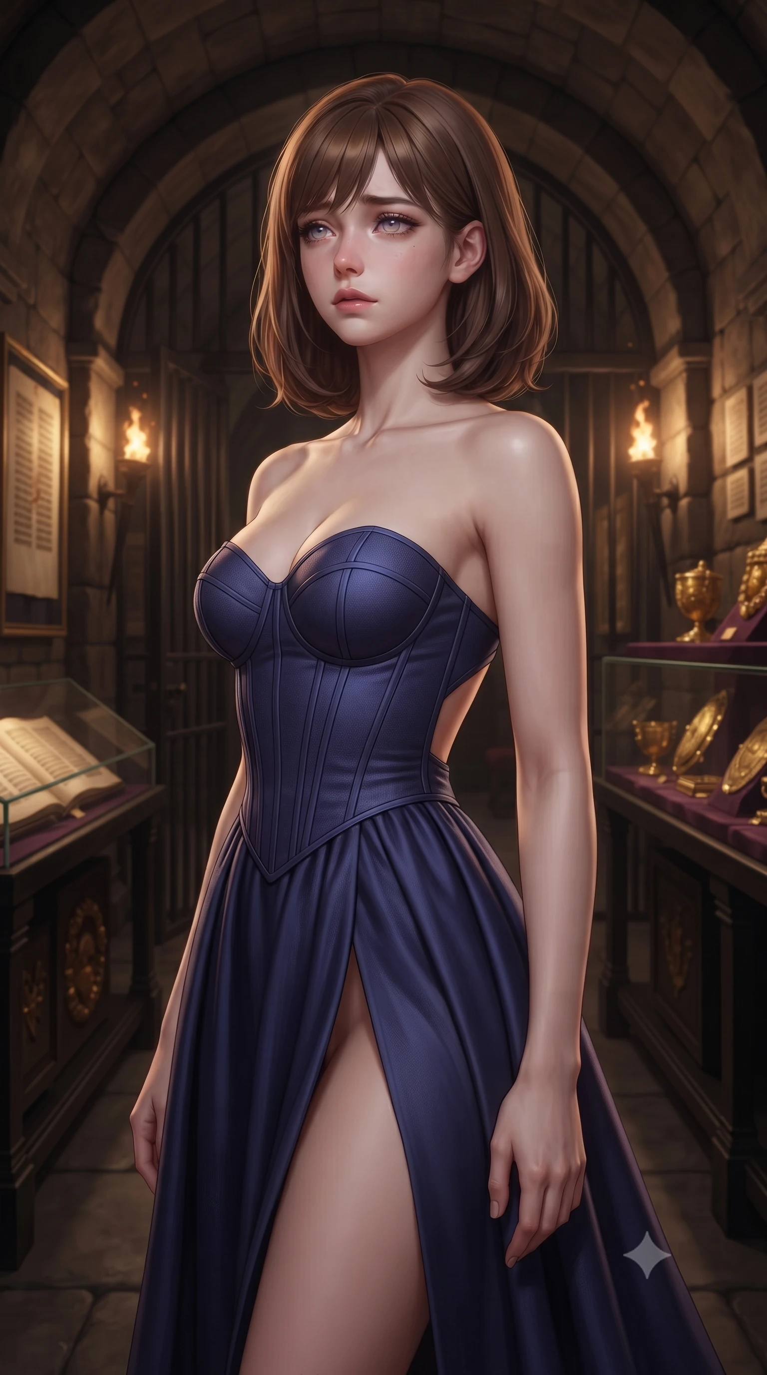 score_9, masterpiece, best quality, ultra-detailed, high-budget anime keyframe, editorial fashion photography, tasteful artistic composition, Caucasian woman, strictly human ears. close-up cowboy shot from the waist and thighs up, the character dominates the composition, filling the frame with her large presence, background elements kept in soft focus. Gazing into the distance with a wistful melancholic expression and softly glowing eyes. set against a soft-focus background of a subterranean vault with arched stone ceilings and heavy iron gates walls lined with ancient illuminated manuscripts under glass and gold artifacts gleaming on velvet-lined shelves stretching into torch-lit darkness. She has an exceptionally elegant and slender, willowy female figure with an ultra-slim waist, a gracefully sculpted slender torso, and a refined slim physique. sharp v-shaped jawline, high-bridge nose, intricate jewel-like eyes with depth, thick eyelashes, glossy lips with a natural sheen. wearing a structured bustier gown in deep indigo blue, featuring a boned bodice, a daring high front slit, and an open back. warm flickering torchlight and focused museum spotlights on gold artifacts creating rich amber pools of light against deep stone shadows. 2k, ultra detail, master piece, 9:16 ratio