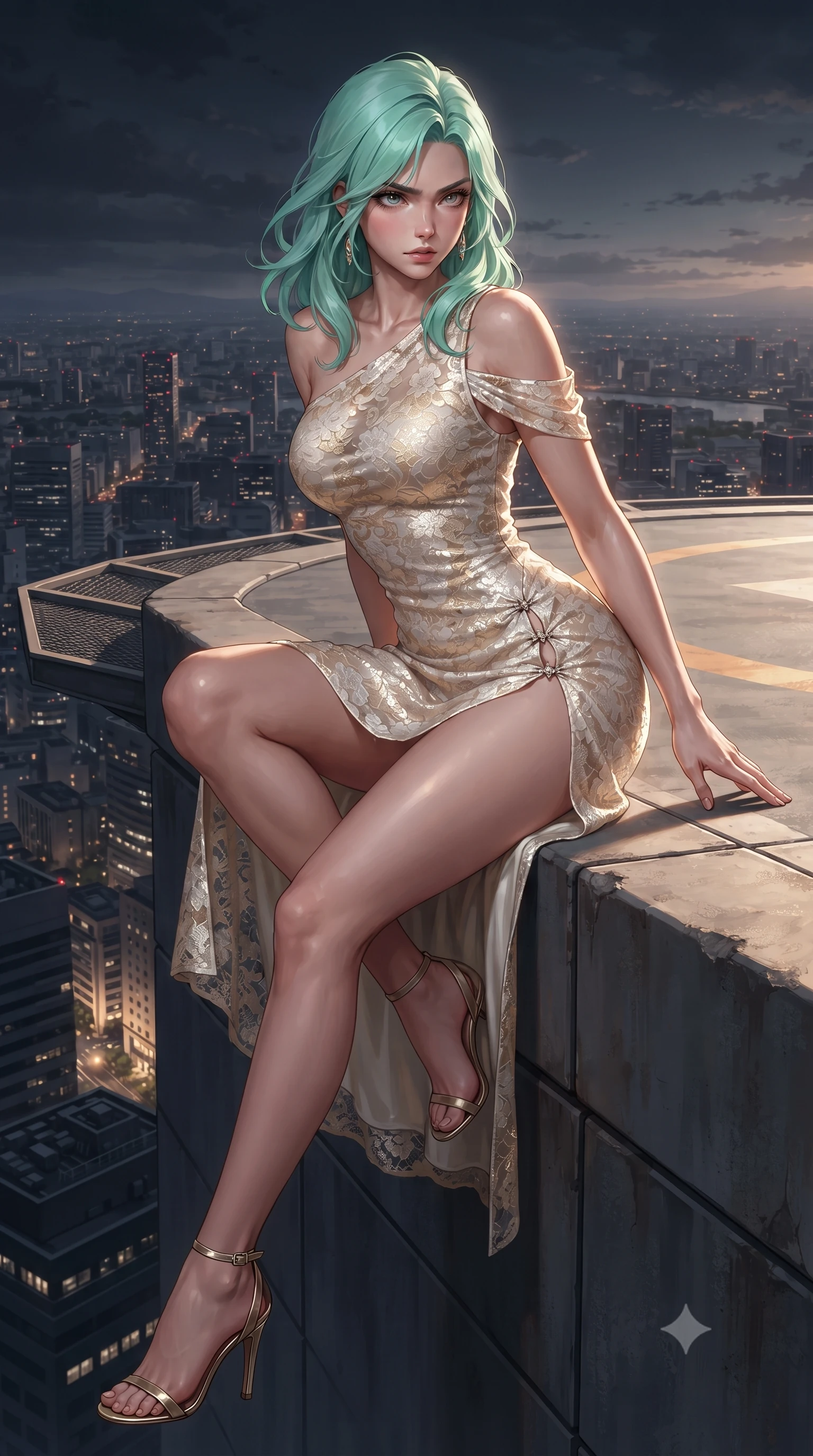 score_9, masterpiece, best quality, ultra-detailed, high-budget anime keyframe, editorial fashion photography, tasteful artistic composition, Japanese woman. close-up cowboy shot from the waist and thighs up, the character dominates the composition, filling the frame with her large presence. twisting her slender torso in a deep contrapposto stance, hips dramatically shifted to accentuate her feminine curves while looking past her shoulder with smoldering bedroom-eyes while sitting perched on the raised helipad edge with one knee drawn up and long legs angled down, her narrow waist and curved hips sculpted by wind. The surrounding environment is rendered in vivid detail and crisp panoramic clarity. epic high-altitude urban chiaroscuro and raw high-fashion rooftop adrenaline rendered with precision. She has an exceptionally elegant, slender, and willowy female figure with an ultra-slim waist, flat toned midriff, narrow ribcage, and sculpted feminine hips creating an alluring, slim hourglass silhouette without bulk. sharp v-shaped jawline, high-bridge nose, intricate jewel-like eyes with depth, thick eyelashes, glossy parted lips with a natural sheen, intensely captivating and seductive bedroom-eyes expression, flawlessly proportioned anatomical accuracy, strict slender model proportions, natural body alignment, perfectly sculpted long slender limbs, ultra-slim waistline, clean dynamic posture without body distortion. wearing a form-contouring cocktail dress with an asymmetrical open shoulder and hip-defining ruching in pure alabaster white and sun-kissed gold, formed from shimmering floral lace over smooth opaque silk lining, finished with an ultra-high side slit secured by miniature jeweled clasps, the form-contouring material adhering flawlessly to her sculpted flat midriff and slender torso, emphasizing her long leg lines and perfectly proportioned willowy build. illuminated by crisp directional wind-edge highlights sculpting her bare collarbones, slender waist, and curvy hips. ultra-reflective glossy finish, specular highlights, rich textural contrasts, high-contrast stereoscopic depth, volumetric dynamic lighting, 2k, ultra detail, master piece, 9:16 ratio