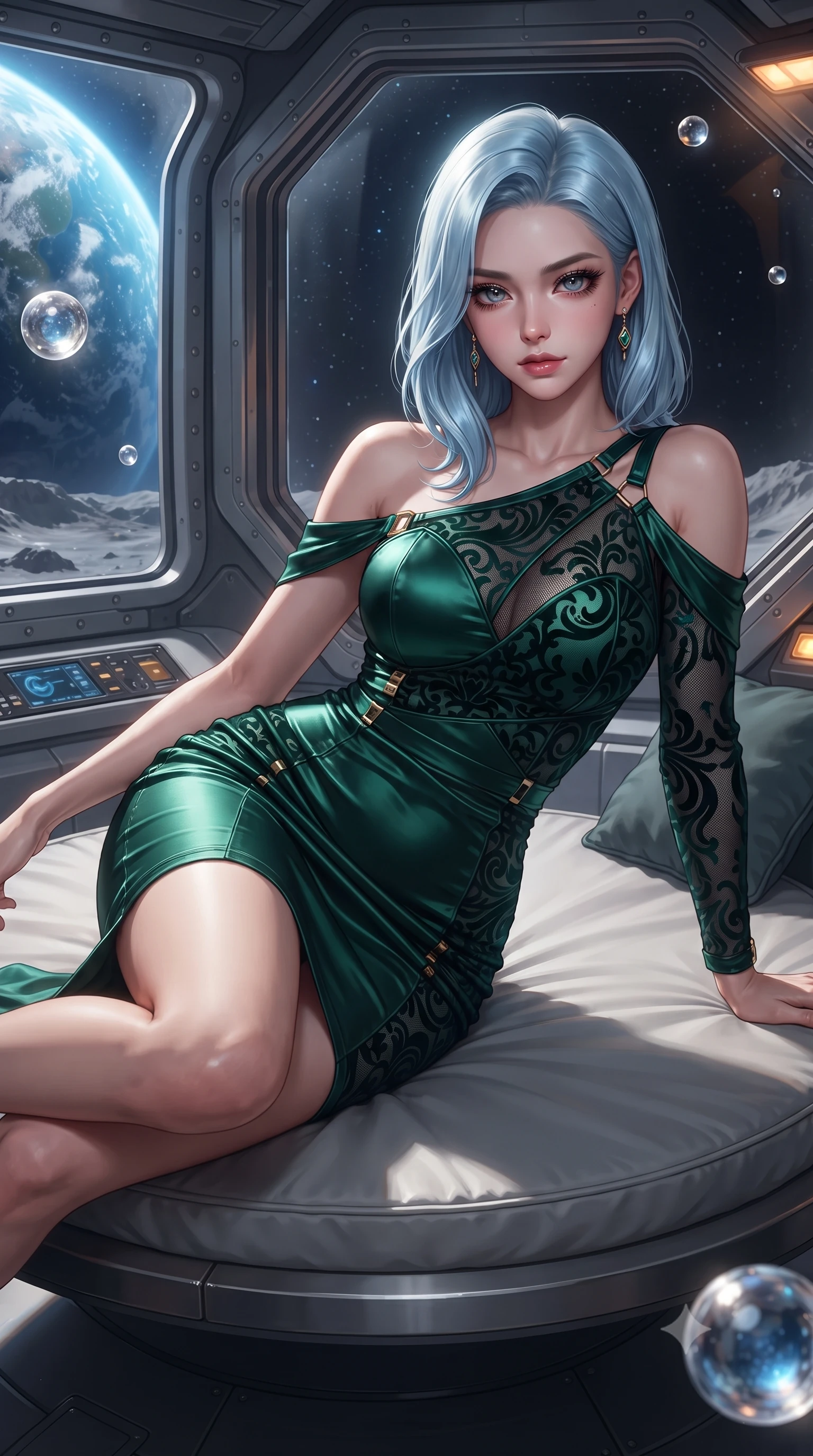 score_9, masterpiece, best quality, ultra-detailed, high-budget anime keyframe, editorial fashion photography, tasteful artistic composition, Korean woman. close-up cowboy shot from the waist and thighs up, the character dominates the composition, filling the frame with her large presence. leaning back with relaxed seductive grace, her sculpted collarbones and narrow waist highlighted as she casts smoldering bedroom-eyes directly into the camera while reclining languidly on a circular floating daybed with one knee bent, starlight and blue Earth glow tracing the sensual curve of her feminine hips and flat midriff. The surrounding environment is rendered in vivid detail and crisp panoramic clarity. sharp quartz viewport frame rivets, floating crystal spheres, and lunar crater ridge shadows in deep focus. She has an exceptionally elegant, slender, and willowy female figure with an ultra-slim waist, flat toned midriff, narrow ribcage, and sculpted feminine hips creating an alluring, slim hourglass silhouette without bulk. sharp v-shaped jawline, high-bridge nose, intricate jewel-like eyes with depth, thick eyelashes, glossy parted lips with a natural sheen, intensely captivating and seductive bedroom-eyes expression, flawlessly proportioned anatomical accuracy, strict slender model proportions, natural body alignment, perfectly sculpted long slender limbs, ultra-slim waistline, clean dynamic posture without body distortion. wearing a form-contouring cocktail dress with an asymmetrical open shoulder and hip-defining ruching in deep emerald green satin and gold hardware, made of sheer contouring power-mesh with velvet flocking patterns, finished with criss-cross back satin straps highlighting her graceful shoulder blades, the second-skin form-contouring cut accentuating her sculpted flat midriff, narrow delicate ribcage, and gracefully curvy hips with supermodel precision. bathed in ethereal sapphire planet-shine from Earth contrasting with warm amber cabin reading spots. ultra-reflective glossy finish, specular highlights, rich textural contrasts, high-contrast stereoscopic depth, volumetric dynamic lighting, 2k, ultra detail, master piece, 9:16 ratio