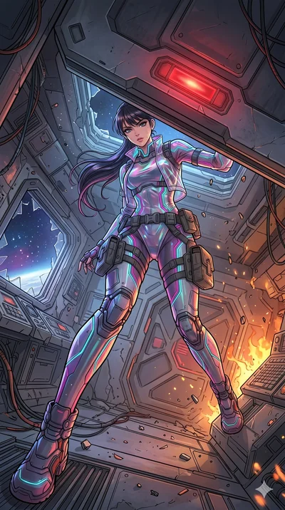 score_9, masterpiece, best quality, ultra-detailed, high-budget anime movie keyframe, cinematic anime lighting, intricate line art, Korean woman. Extreme high angle shot as she leaps towards the camera, filling the frame. sliding underneath a closing